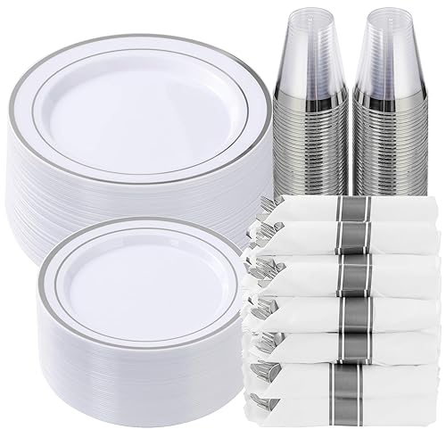Goodluck 350 Piece Silver Plastic Dinnerware Set for 50 Guests,