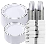 Goodluck 350 Piece Silver Plastic Dinnerware Set for 50 Guests, Fancy Disposable Plates for Party, Include: 50 Dinner Plates, 50 Dessert Plates, 50 Pre Rolled Napkins with Silver Silverware, 50 Cups