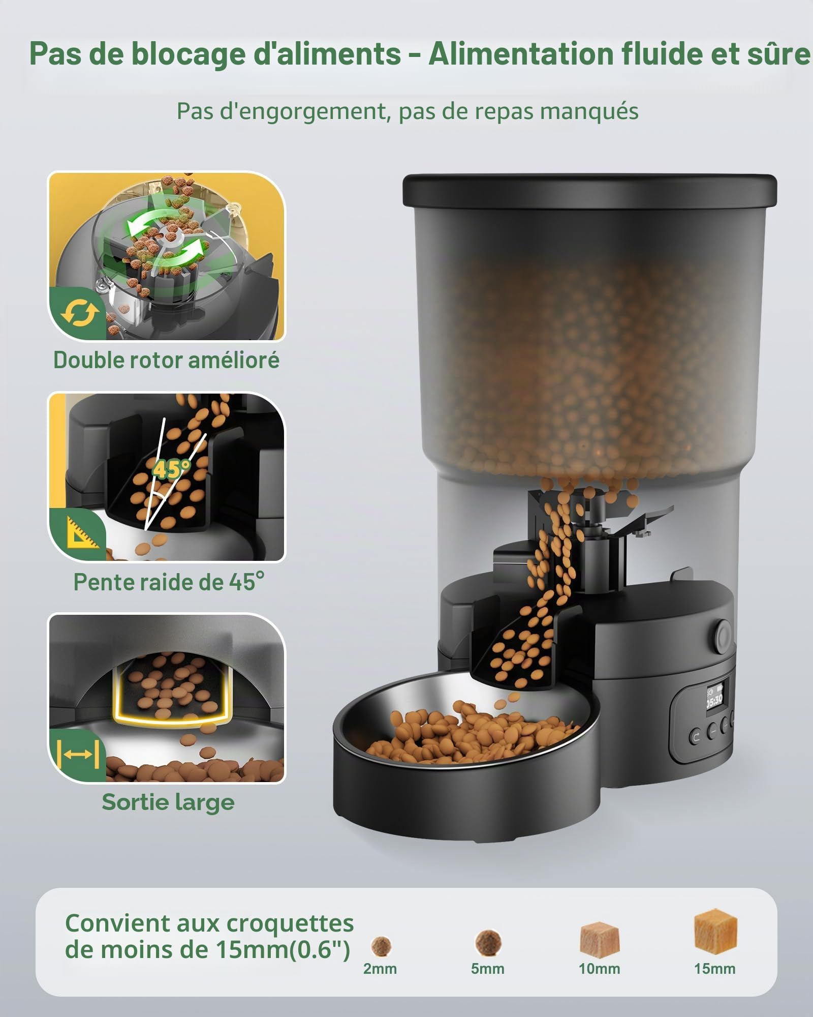 Gimars 5L Distributeur Croquettes Chat Automatique 2 Bols, Minuterie Programmable Gamelle Chat Automatique 1-6 Repas par Jour, Un Bouton Fonctionnement Facile pour Chien avec Enregistreur Vocal 10S