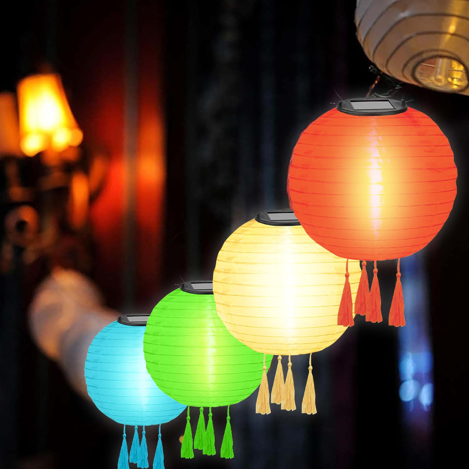 Lot de 4 lampions solaires d'extérieur résistants aux intempéries - Lampes solaires d'extérieur à suspendre - Avec 4 pompons - Pour terrasse, cour, jardin