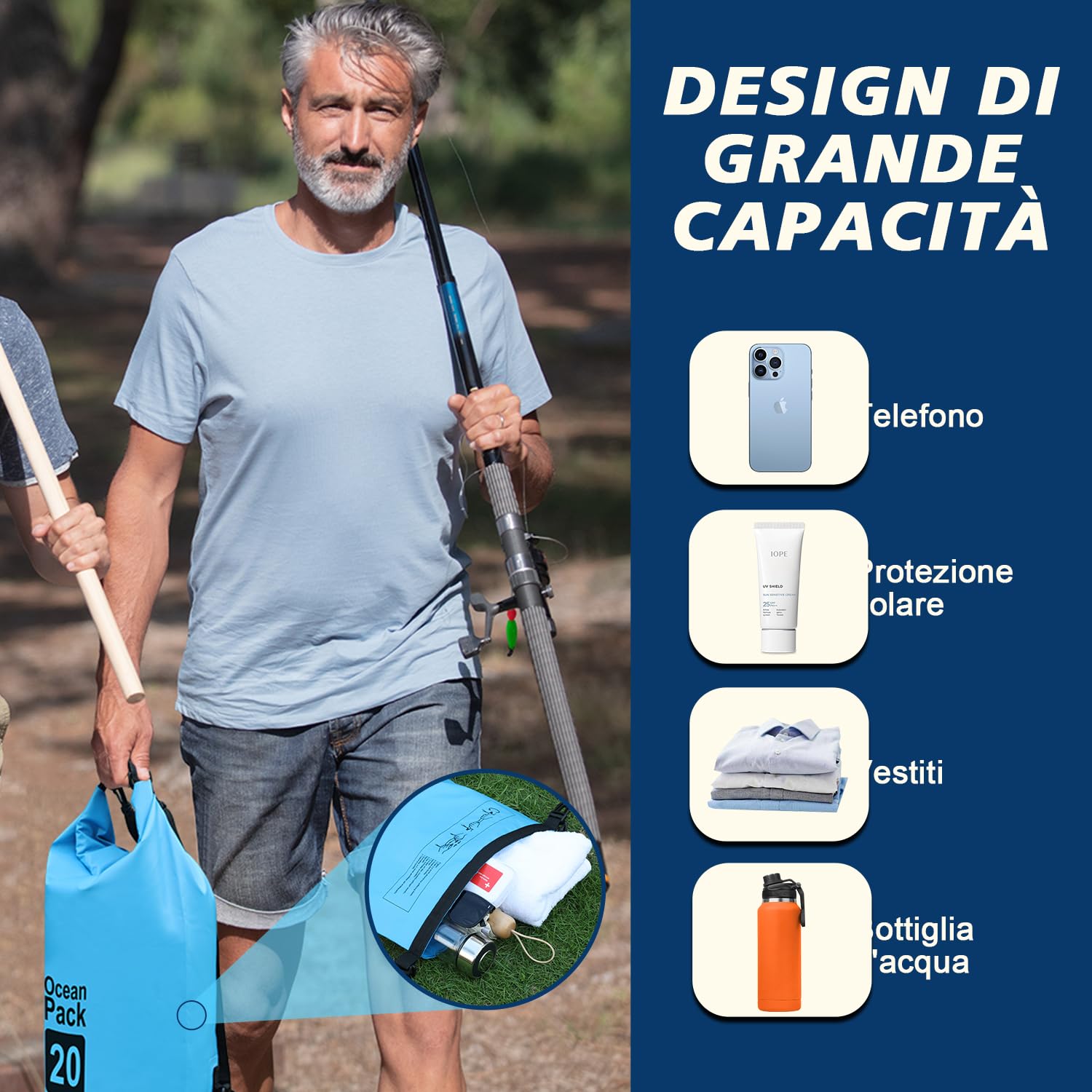supregear Dry Bag, 20L Borsa Impermeabile, Resistente All'acqua, Zaino Versatile con Doppia Tracolla per Barche, Escursioni, Kayak, Pesca, Campeggio e Altre Avventure All'aperto, Blu