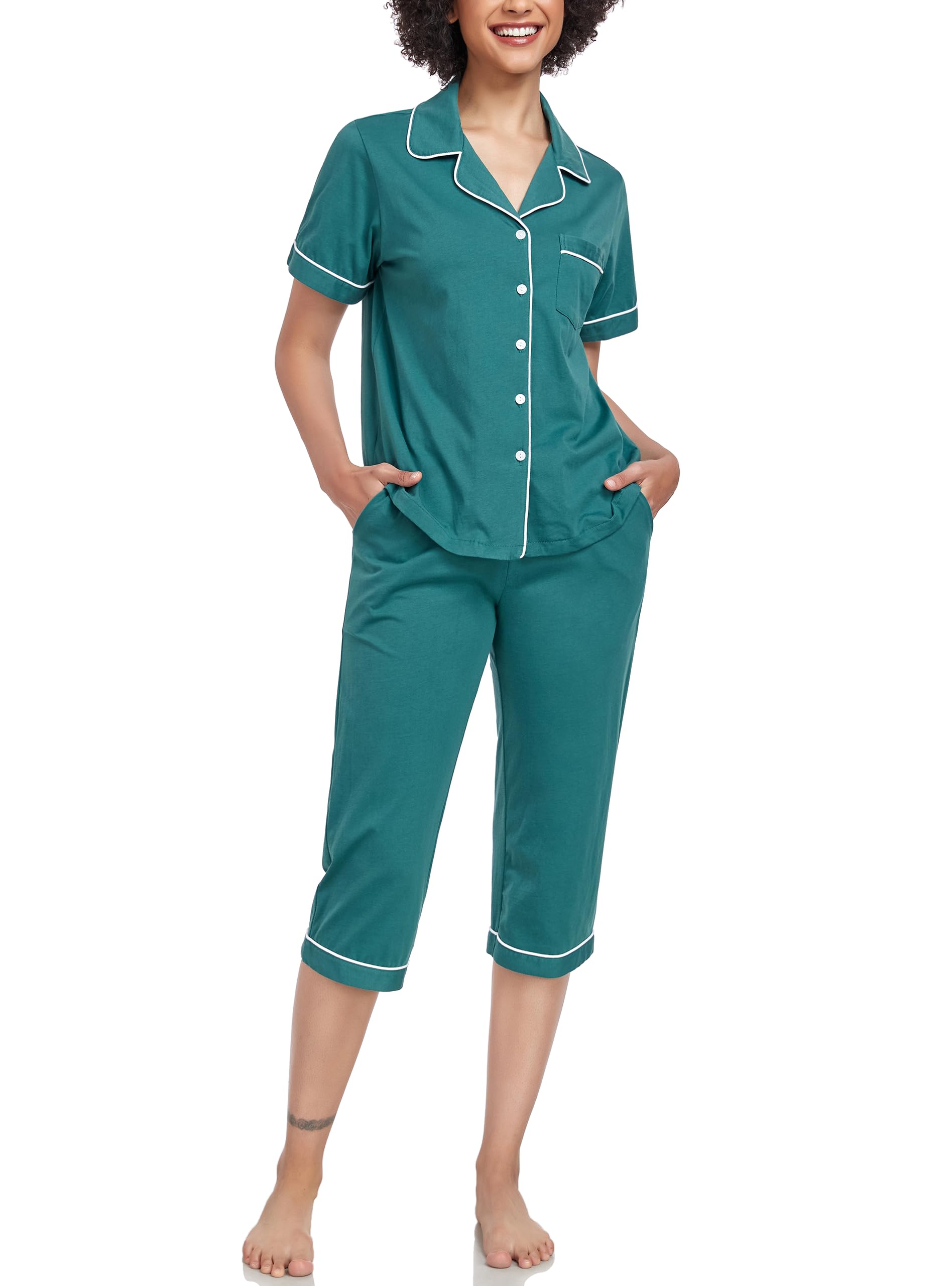 EA'S SECRET 100% Baumwolle Schlafanzug Damen Kurzarm-Oberteil 3/4 Hose Pyjama-Set V-Ausschnitt Knopfleiste Sommer S-XXL