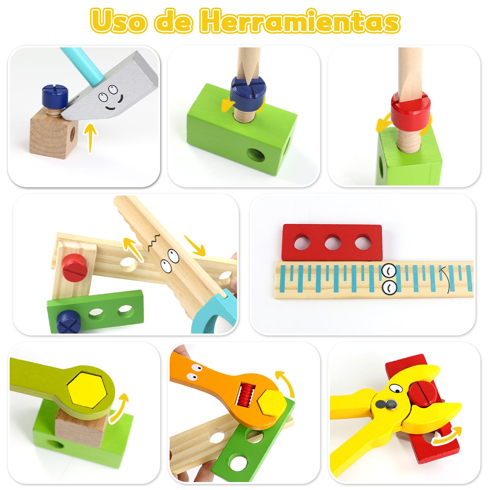 TONZE Caja Herramientas Juguetes Niños 3 Años Juguetes Madera Juegos Educativos 3 Años Regalo Niña 3 4 5 Años Bricolaje Construcciones Juguete Manualidades Maletin Herramientas (35 Piezas)