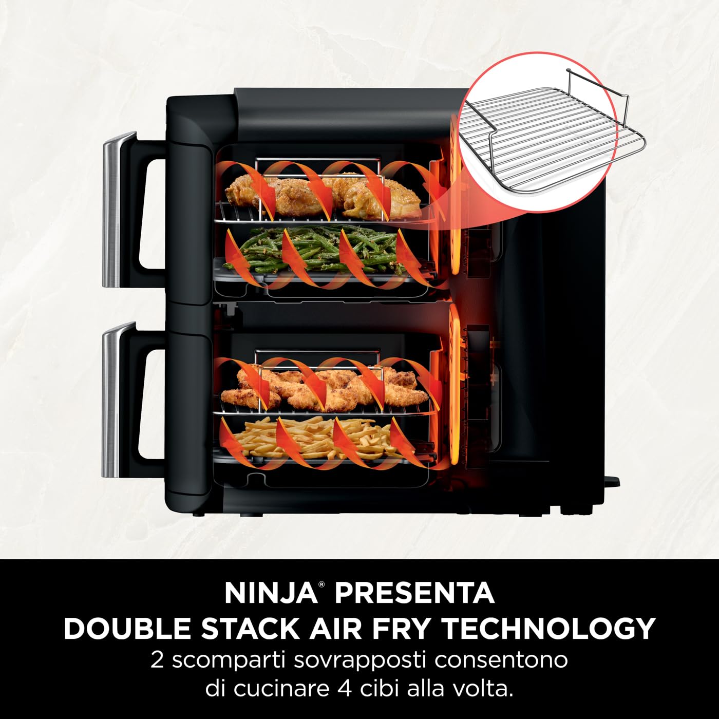 Ninja Double Stack Friggitrice ad Aria Verticale a 2 Scomparti, con 2 Griglie, 4 Livelli di Cottura, Design salva-spazio, Capacità di 7,6L, 6 Funzioni di cottura, 6 Porzioni, Nero SL300EU