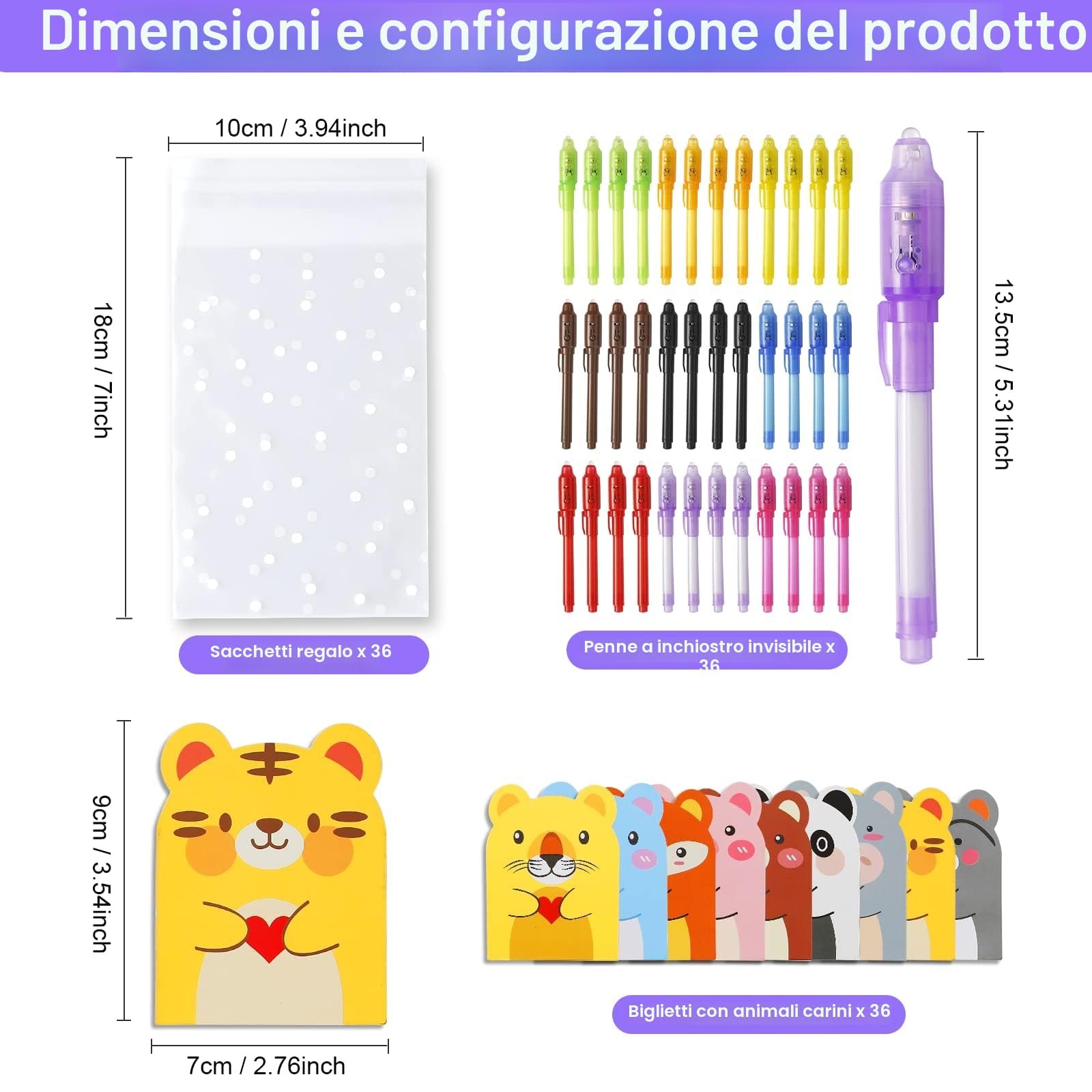 DazSpirit 36 PCS Penna Inchiostro Invisibile con Simpatiche Carte Animali e Sacchetti Regalo, Penna Invisibile con Luce Gadget Compleanno Bambini, Inchiostro Magiche per Scrivere Messaggi Segreti