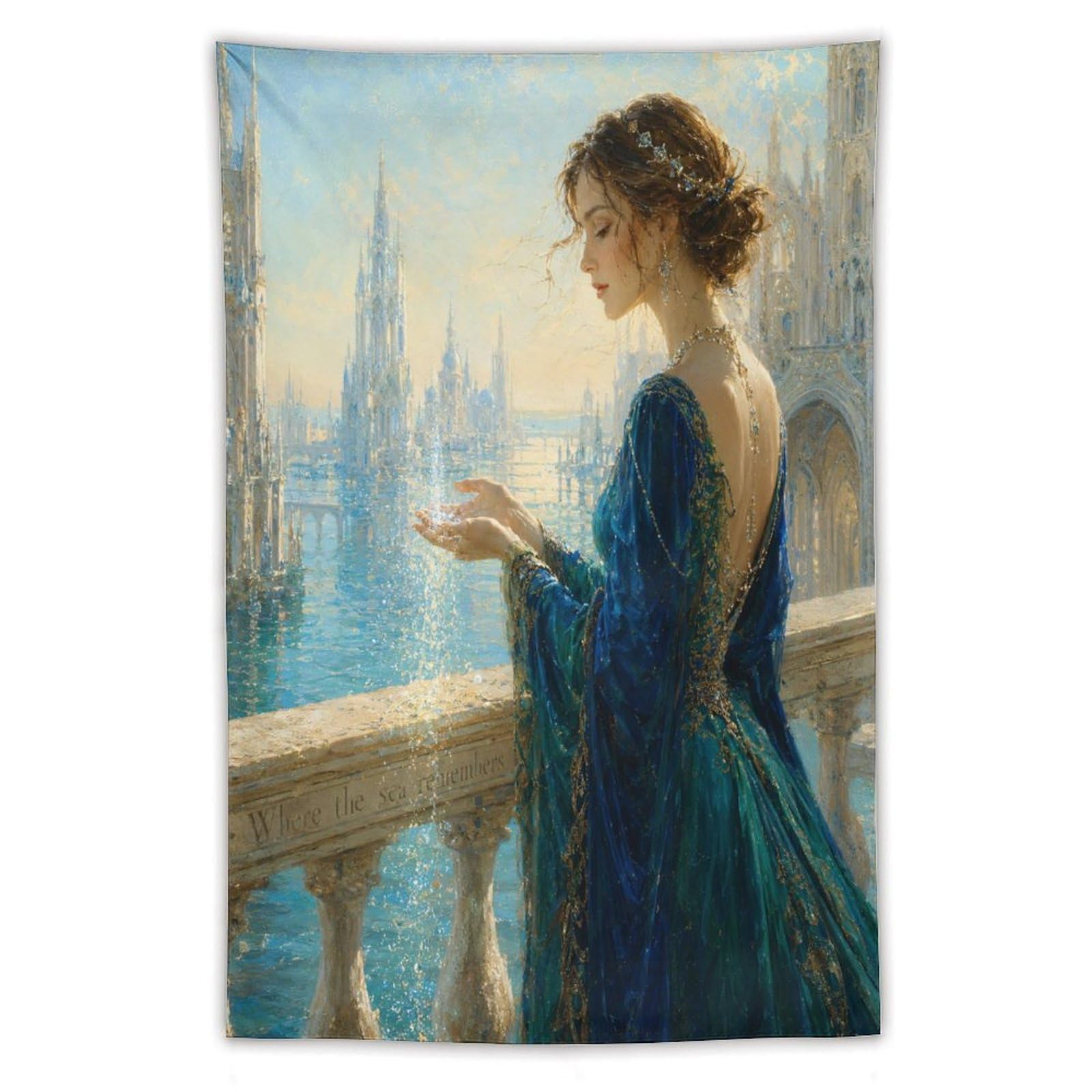 W7C8U2X3 Woman in Blue Dress Wall Tapestry, Realistic Illustration Style