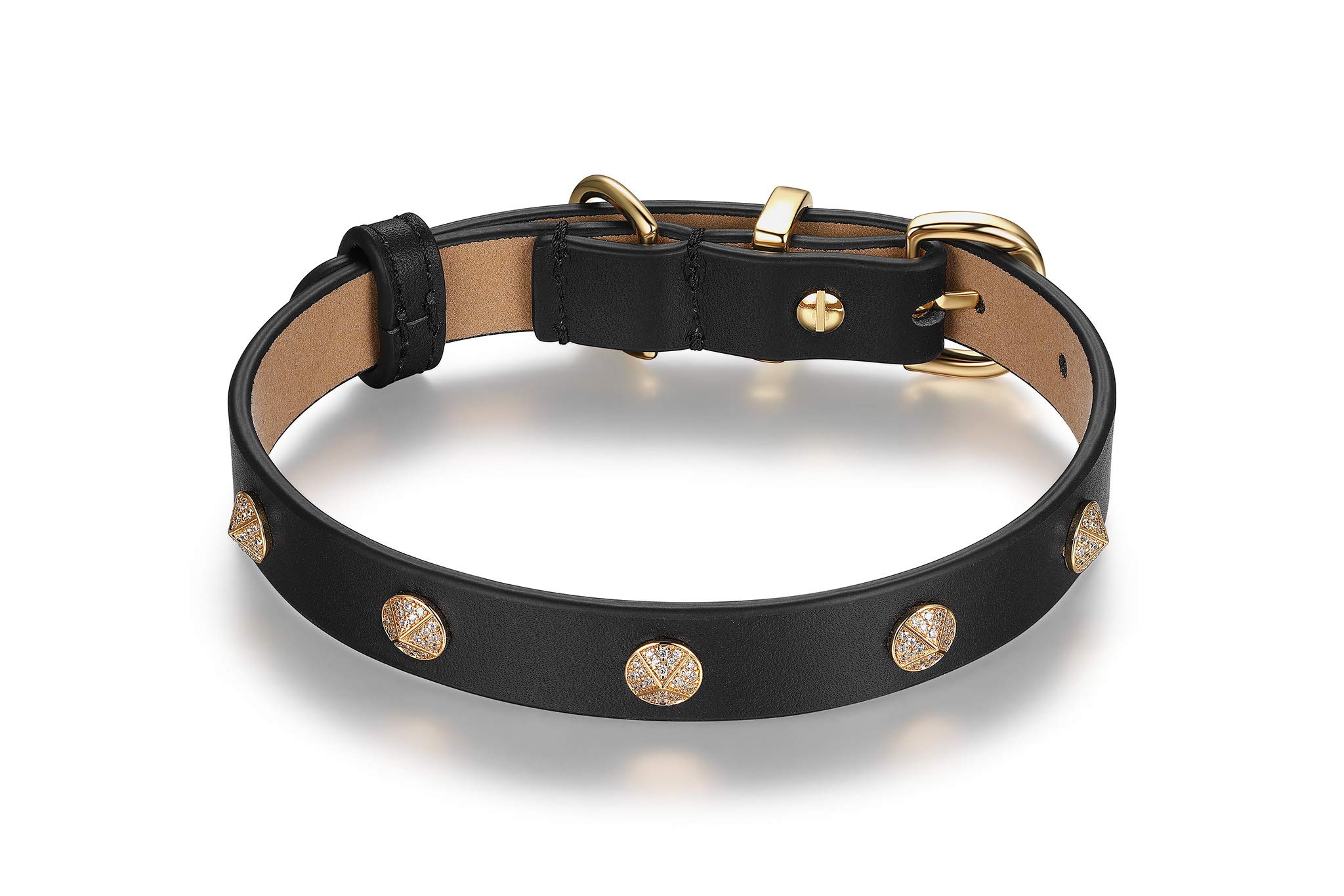 Scamper & Co Genuine Leather with Microfiber Bejeweled Circular Stud Dog Collar in Black, 16"