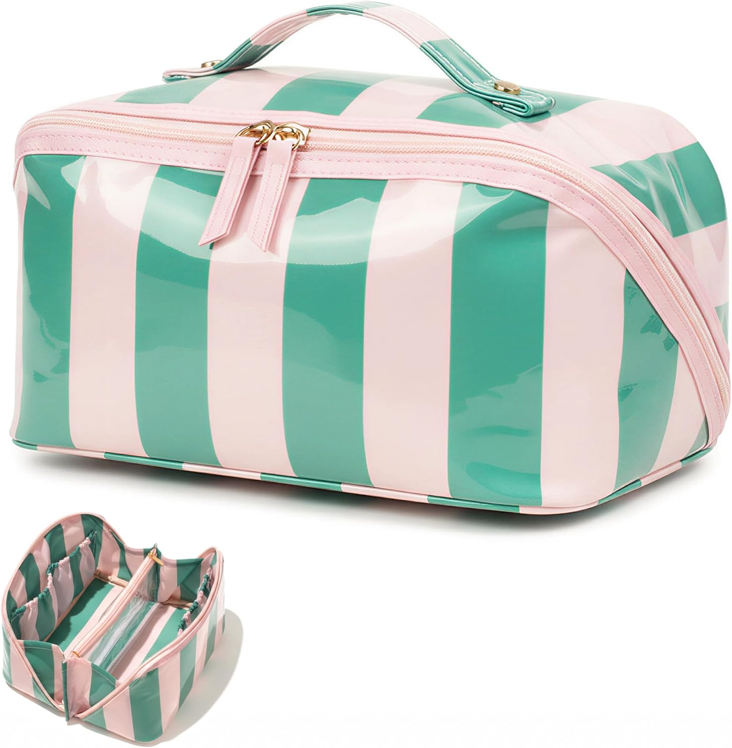 LETGO Preppy Stripe Clear Travel Makeup Bag, Waterproof Glossy PVC Cosmetic Organizer with Handle, Large Capacity Toiletry Bag for Women, Portable Makeup Pouch for Purse (Checkered)