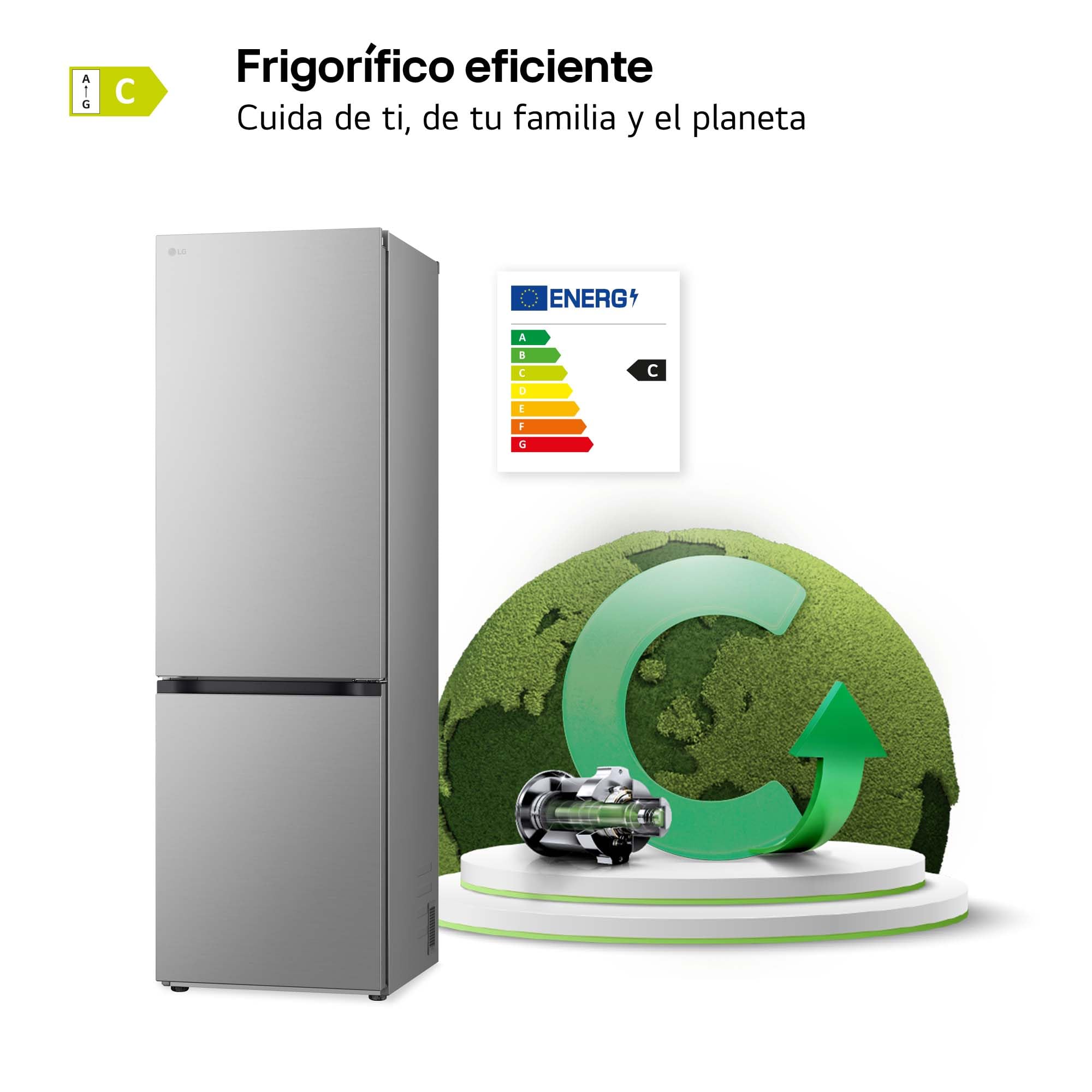 LG GBV5140CPY - Frigorífico Combi 2 Puertas, Door Cooling+, Clasificación C, Capacidad de 374L, Serie 500, 1,86m, Inox Antihuellas