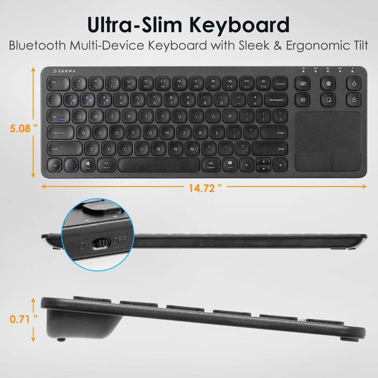 SANWA Tastiera Bluetooth con Trackpad, Tastiera HTPC 3 Dispositivi, Nero | Tastiera touchpad wireless, controllo multimediale, QWERTY, tasti a forbice, tastiera portatile per PC/laptop/tablet, Win/Mac