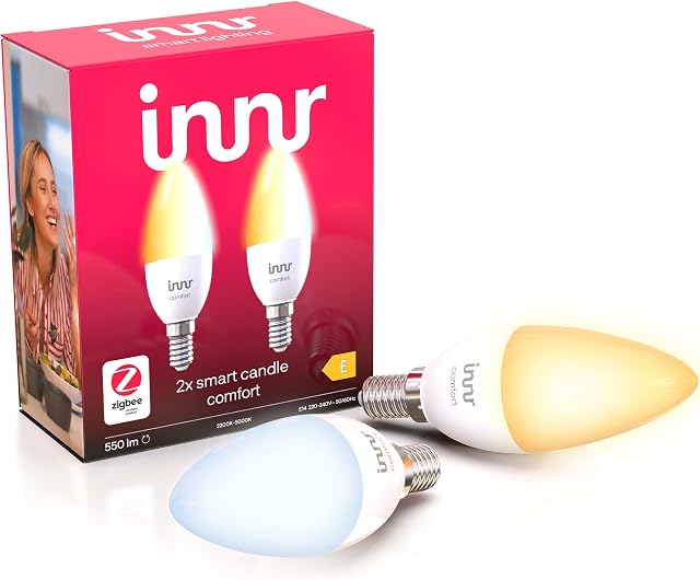 Innr Smart Candle Bulb Comfort E14, Works with Philips Hue*, Alexa and Google Home (Hub Required), White Ambiance Light, 2200K - 5000K, 2-Pack, RB 249 T-2