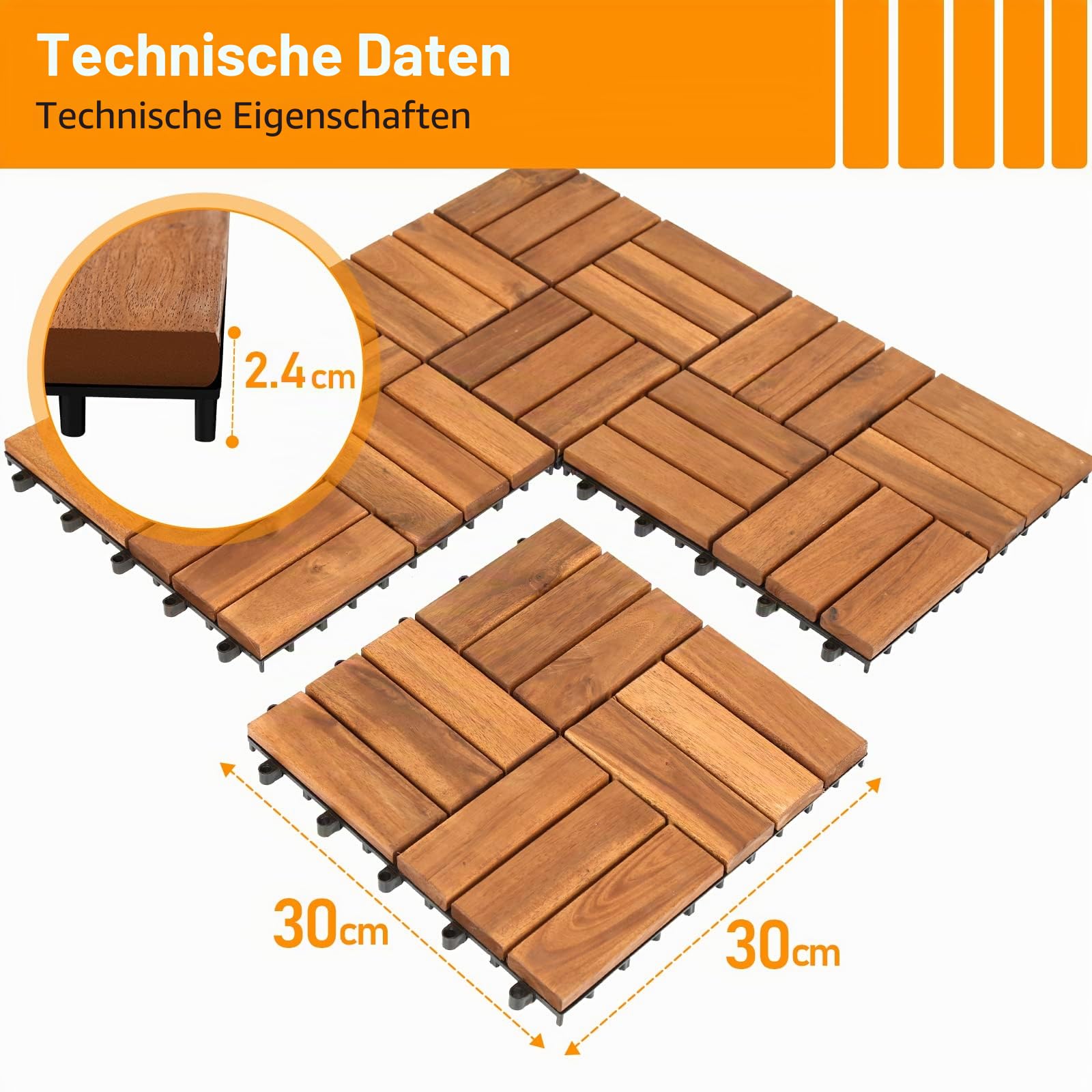 Ikodm 11Stück Holzfliesen Balkon 30x30 cm - Balkon Platten Boden aus Akazien-Holz - Bodenbelag Holzboden Klicksystem Balkonfliesen Klickfliesen (1 Quadratmeter)