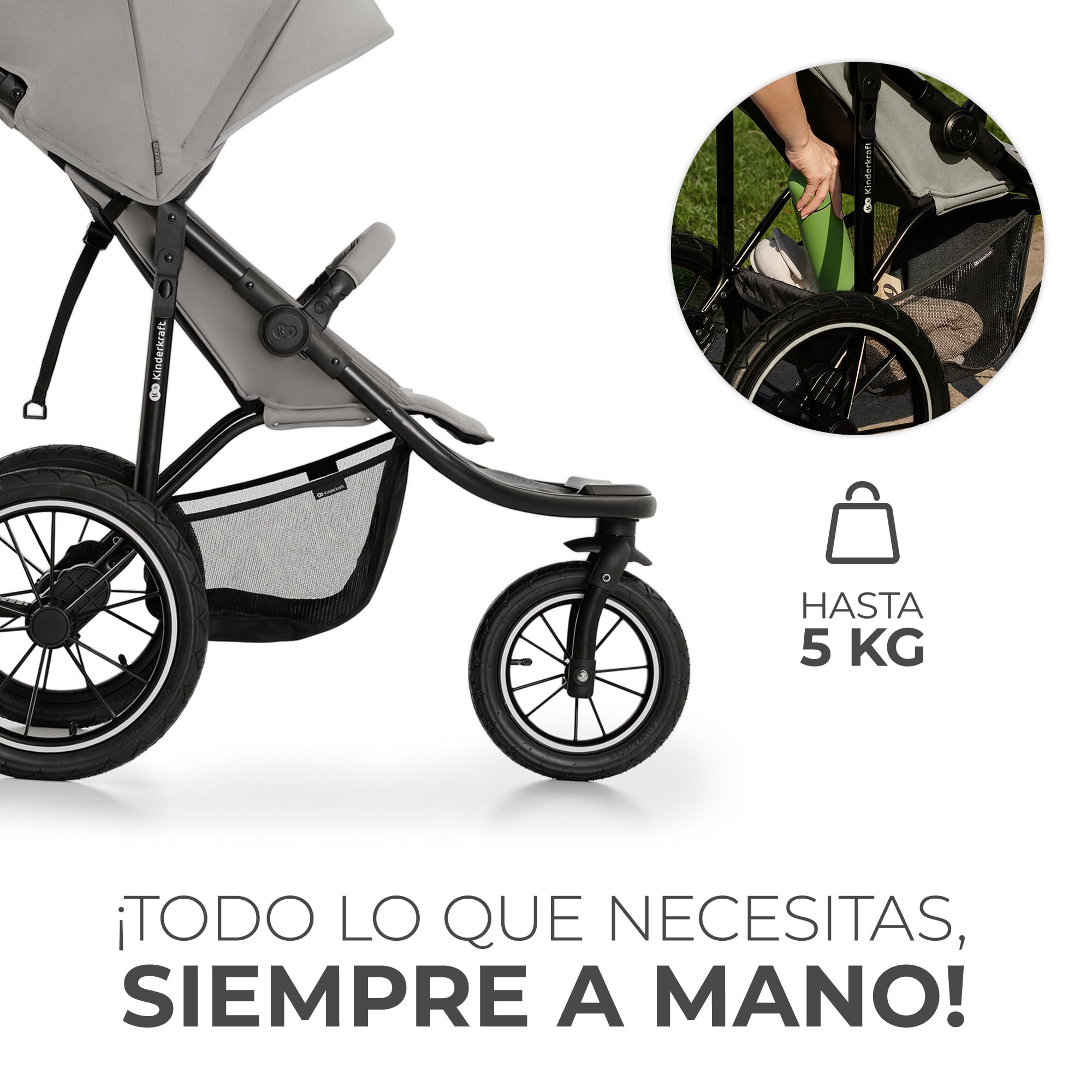 Kinderkraft HELSI 2, Jogger, Silla de Paseo, Para Bebés, 3 Ruedas, Para cada Terreno, Desde el Nacimiento hasta 22 Kg, Rueads Neumaticas, Off Road, Cesta Grande, Gris
