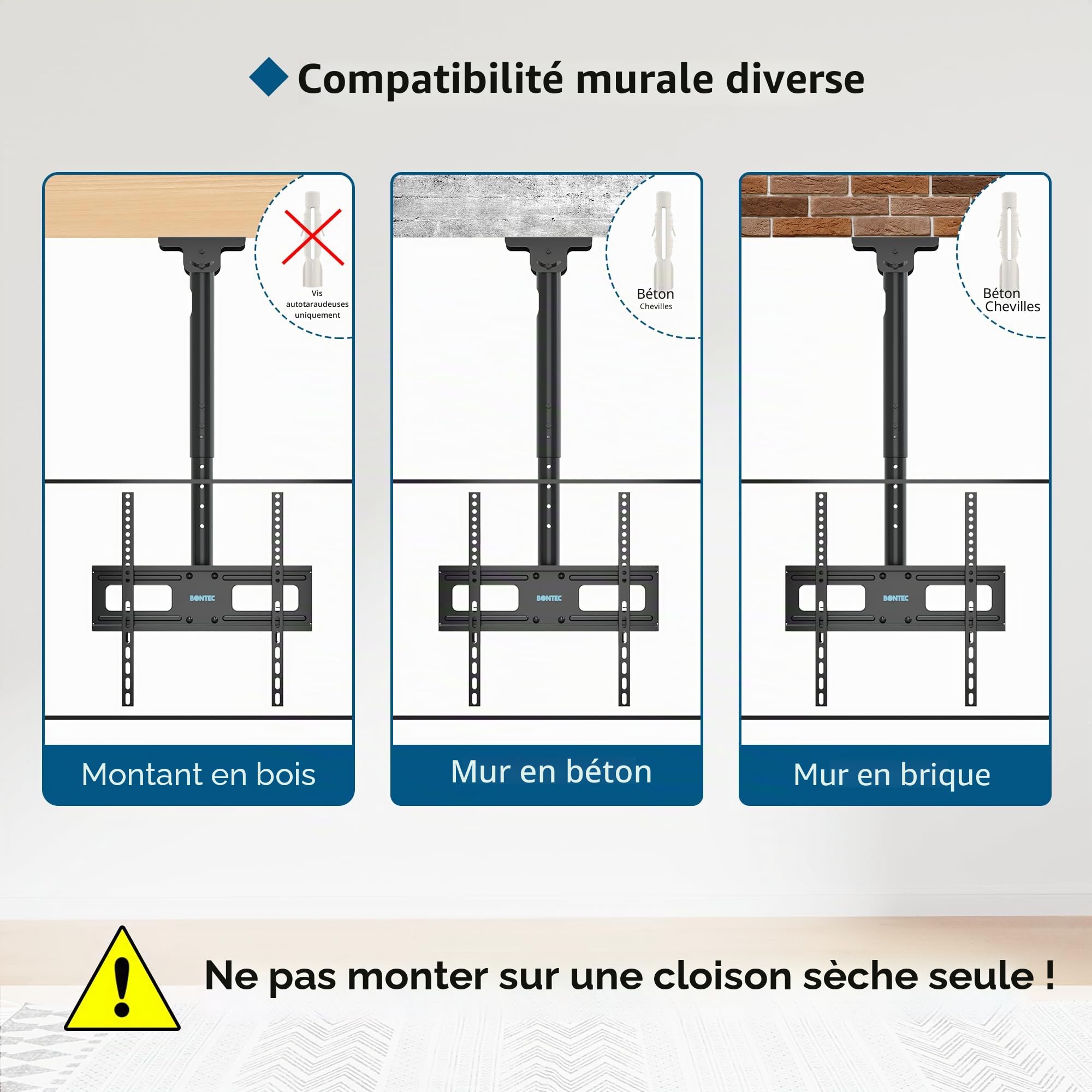 BONTEC support TV plafond universel inclinable pour écrans 26-65 pouces, charge 45 kg, rotatif 360°, hauteur réglable 73-98 cm, VESA 100x100-400x400, gain de place, gestion câbles, installation simple