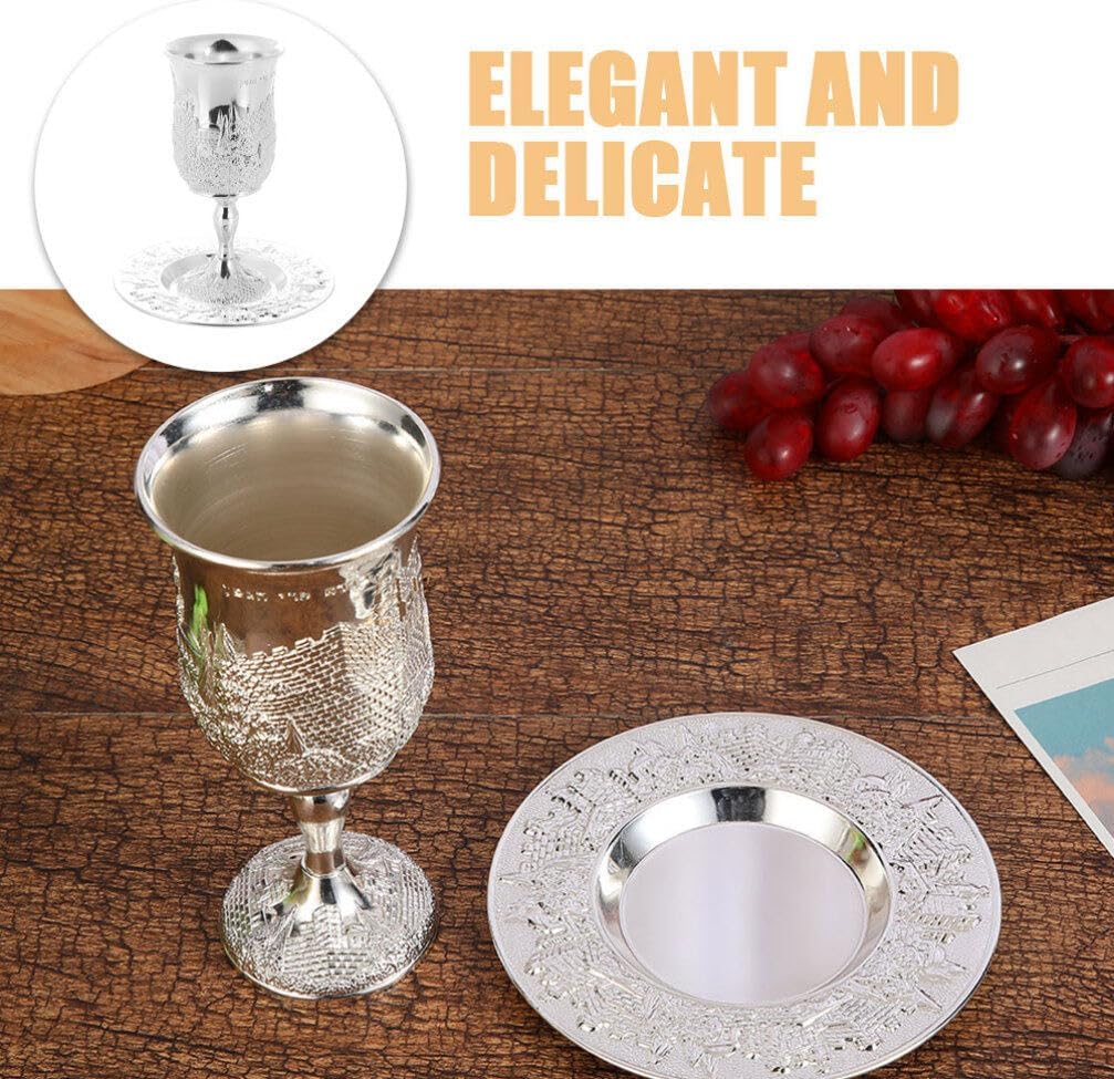 1 Set Kiddush Cup Set Zinc Alloy Wine Cup with Matching Tray Embossed Chalice Goblet for Havdalah Judaica Shabbos