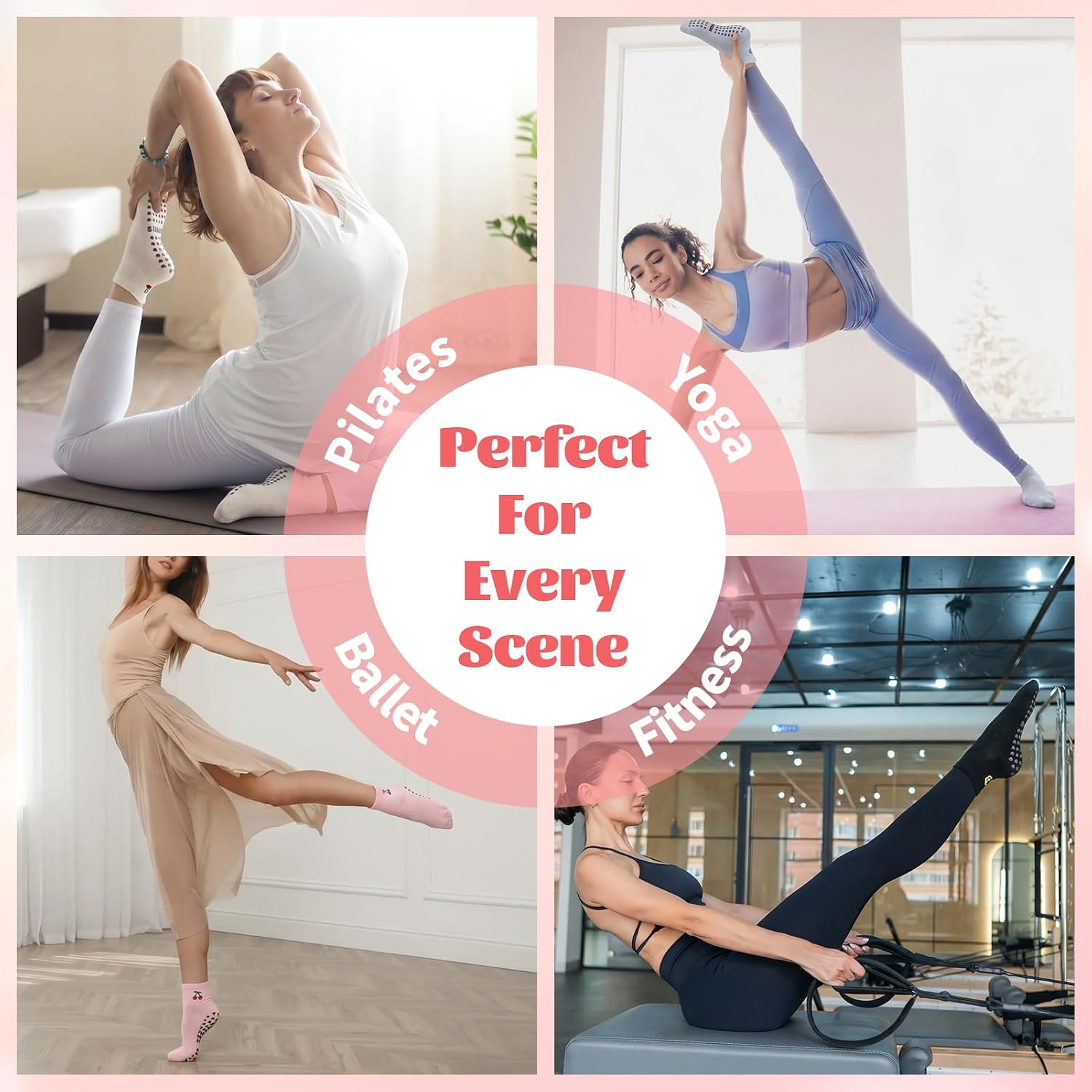 6 Pairs Pilates Socks with Grips for Women - Non-Slip Yoga Ankle Sock, Soft Breathable Cotton Crew Socks for Barre, Ballet, Barefoot Training & Hospital Use