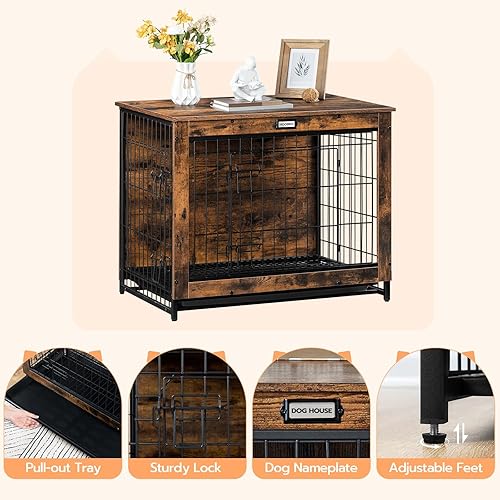Miniatura 9 de Muebles de jaula para perros, perrera pequeña de 25.5 pulgadas para interiores, jaula de madera para perros con bandeja extraíble, casa de perro de
