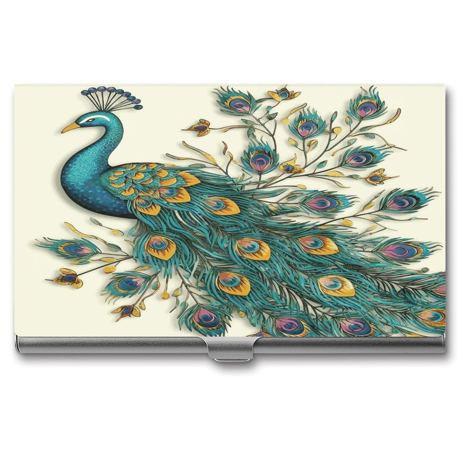 LDGSUPH Peacock Pattern Business Card Holder Fashion Slim Name Card Holder Minimalist Design Case Metal Card Carrier Personalized Business Card Case with Flip for Men Women