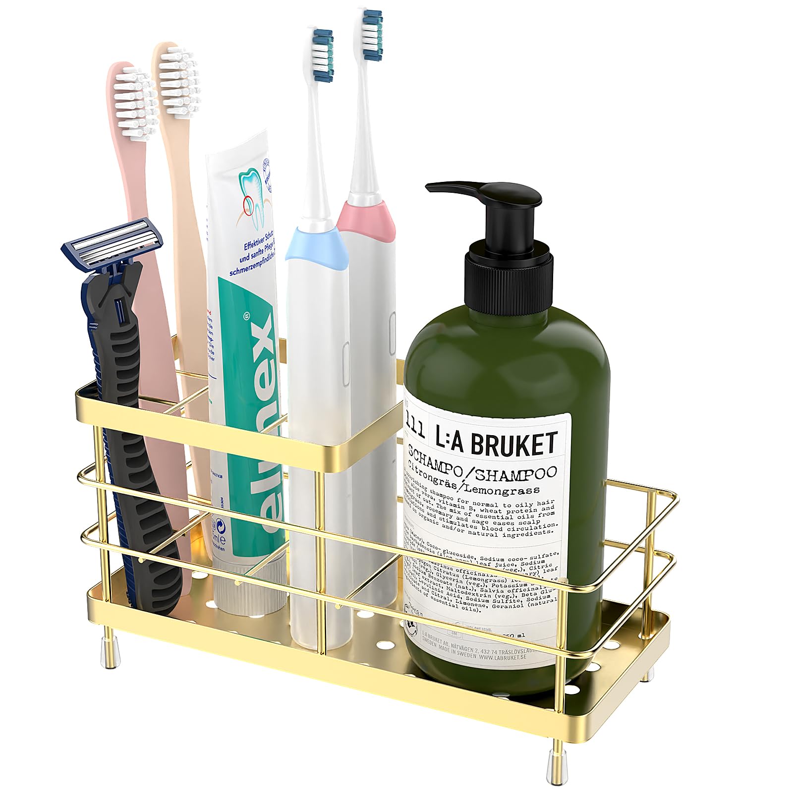 Luxspire Zahnbürstenhalter, 6 Schlitze Edelstahl Zahnbürstenhalter mit Abfluss, Zahnbürstenhalter für Badezimmer Arbeitsplatte & Küchenspüle, Badezimmer Zubehör, Gold