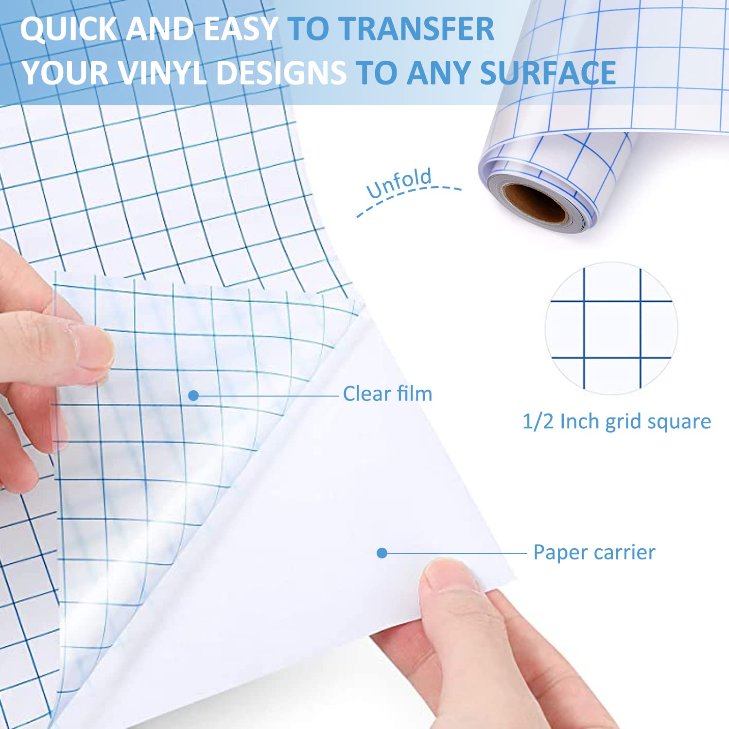 JINYOMFLY Pellicola di Trasferimento in Vinile Adesivo con griglia di allineamento blu per Cricut, nastro di carta transfer trasparente per decalcomanie, finestre, Decorativo, 30.5 x 500 cm