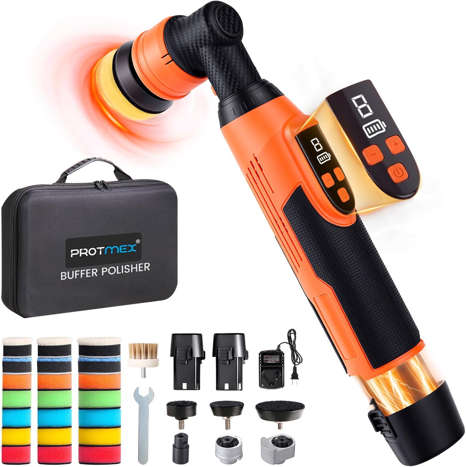 Protmex Cordless Car Buffer Polisher with 8 Variable Speeds 2000‑6000 RPM, LED Display, 2×2000mAh 21V Batteries, Car Buffers Polishers Kit for Auto Detailing, Scratch Remover and Paint Care - Short