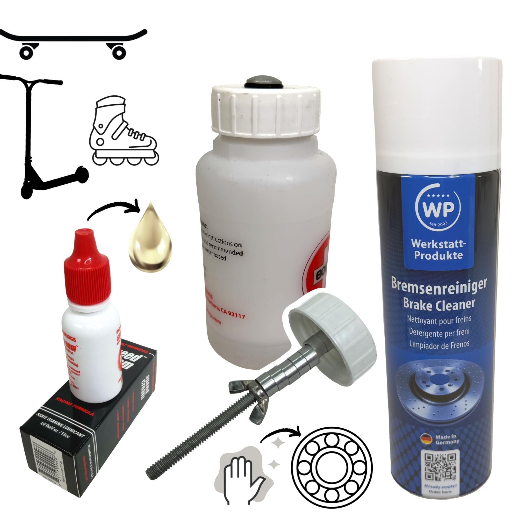 Kugellager Reiniger Öl Speed Cream Pfleg-Set für 608/627 Kugellager Longboard I Stunt-Scooter I Skateboards I Rollschuhe I Inliner, Reinigen, Service, Pflege, Wartung, Schutz