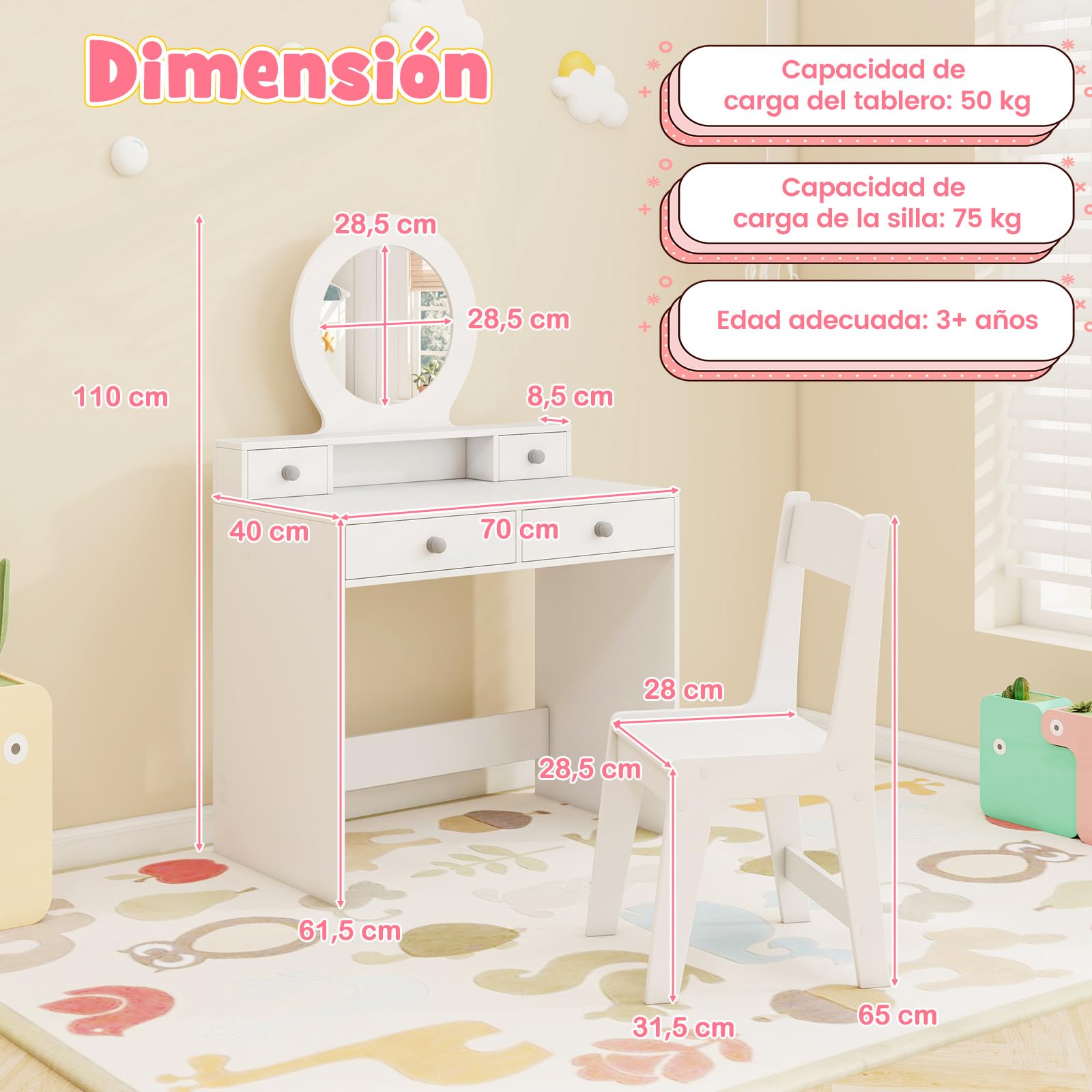 GOPLUS Tocador para Niñas, Tocador Infantil con Espejo, Silla, 4 Cajones, Compartimento Abierto, Mesa de Maquillaje para Niñas, Regalo para Niños de 3+ Años