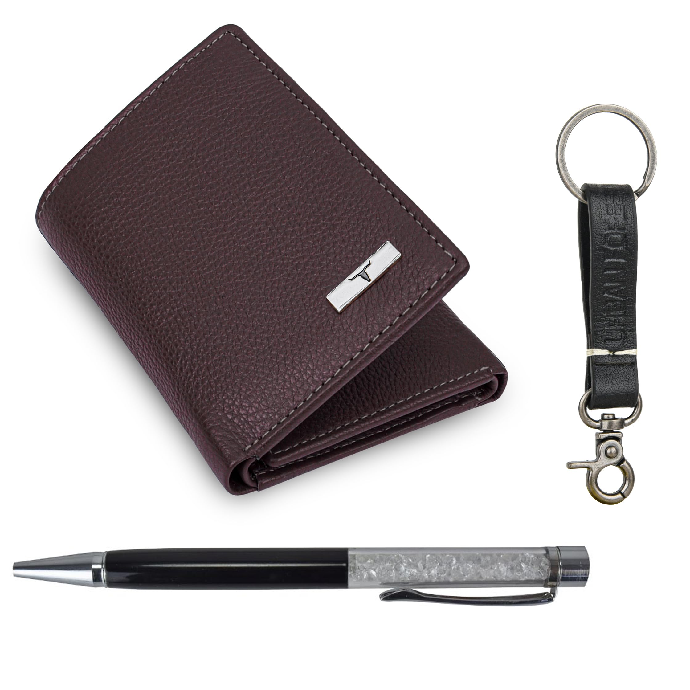 URBAN FOREST Theo Brown Leather Wallet, Diamond Pen & Keychain Combo Gift Set for Men