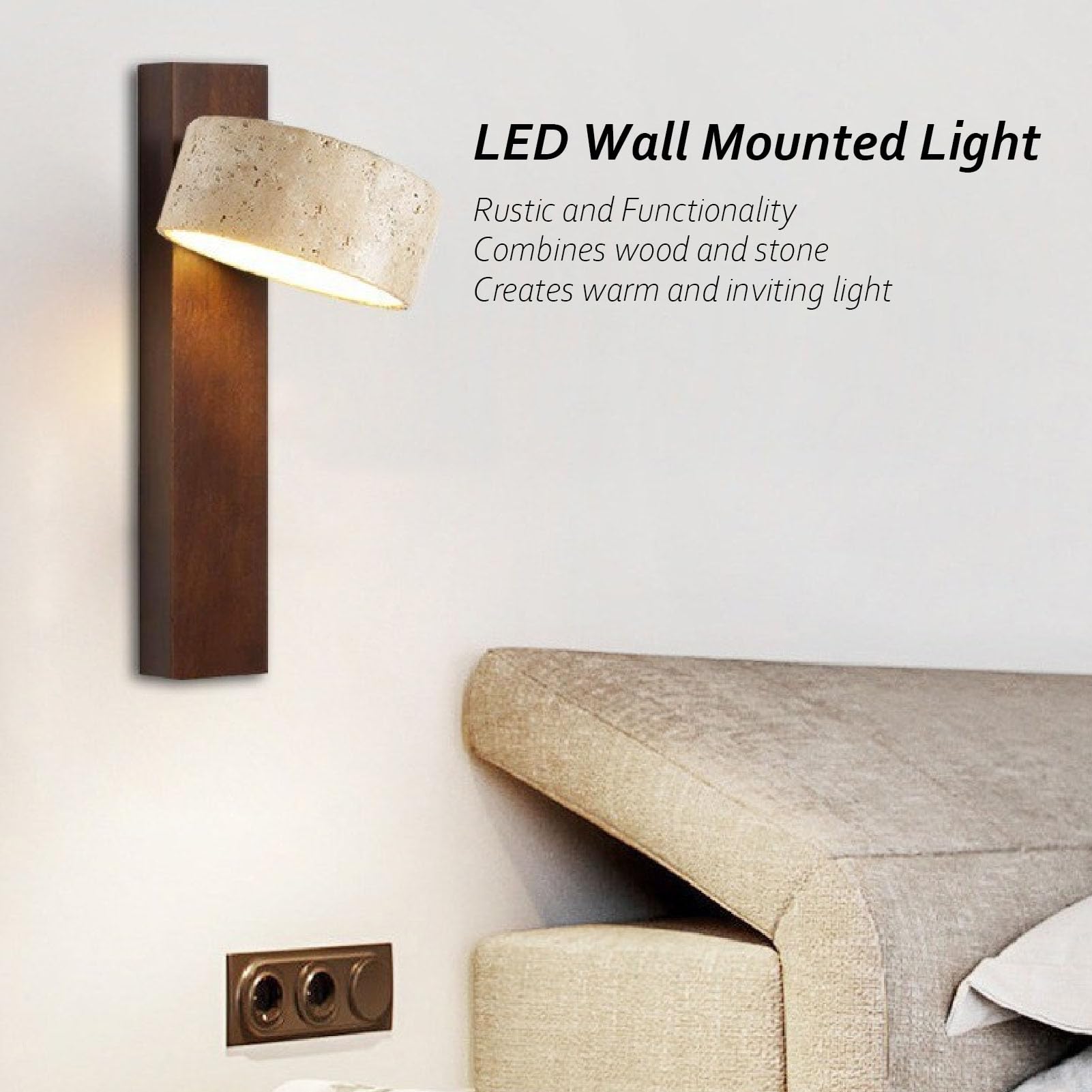Sorandy LED Wandleuchte Rotations Warmlicht Wand Nachttischlampen Batteriebetriebene Lampe Leselampe Wandleuchten Wohndeko für Flur Schlafzimmer Wohnzimmer (Walnussfarbe)