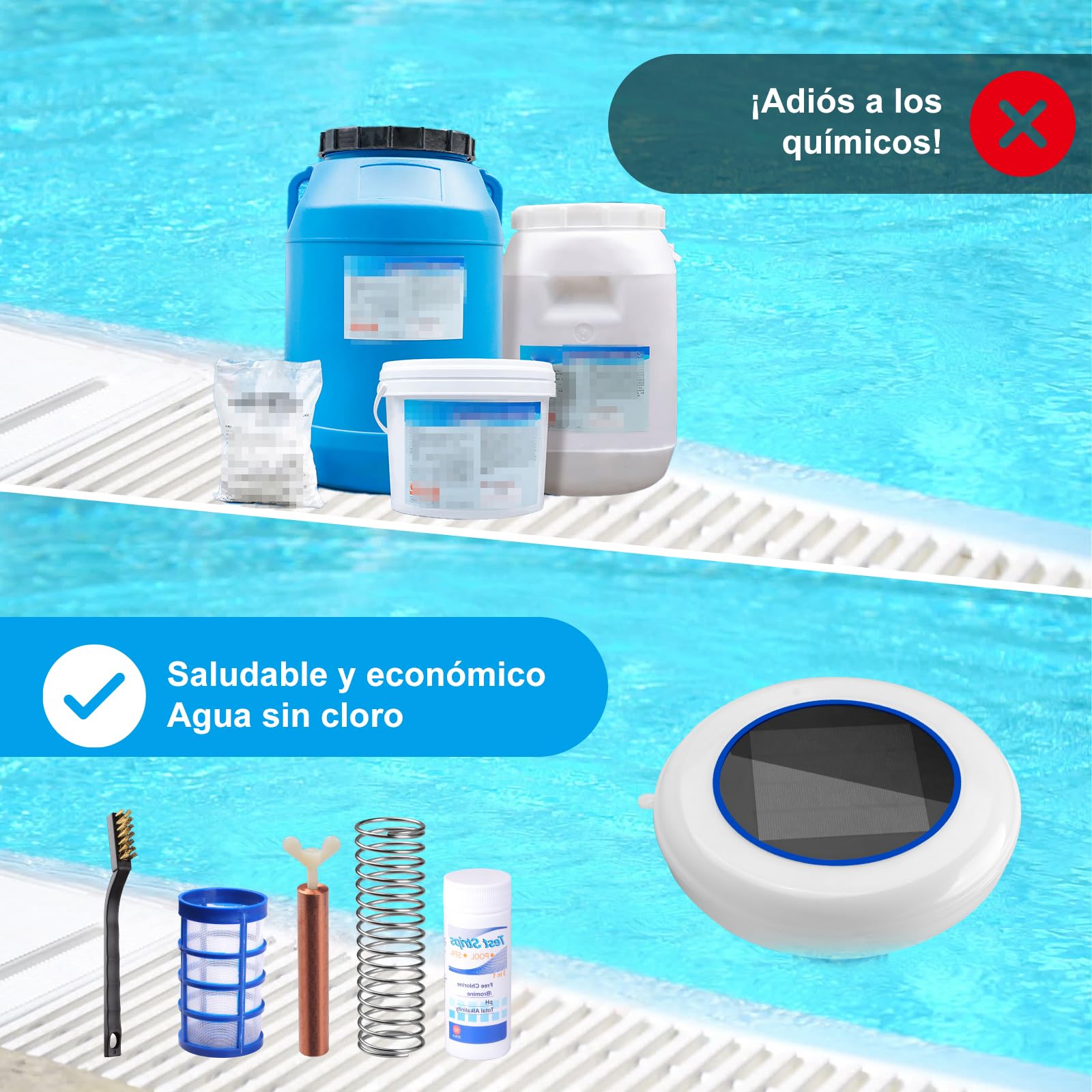 Ionizador Solar para Piscina con Iluminación LED – Purificador de Agua por Iones de Cobre y Plata – 22000 GAL Sin Cloro, IP68 Solar Limpiador Ionizador para Piscina, Fuente, SPA