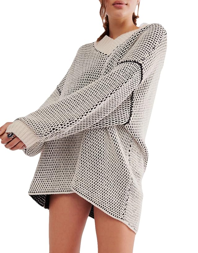 D-Sun Womens Oversized Sweater V Neck Cable Knit Pullover Casual Elegant Ribbed Drop Shoulder Sweater Jumper