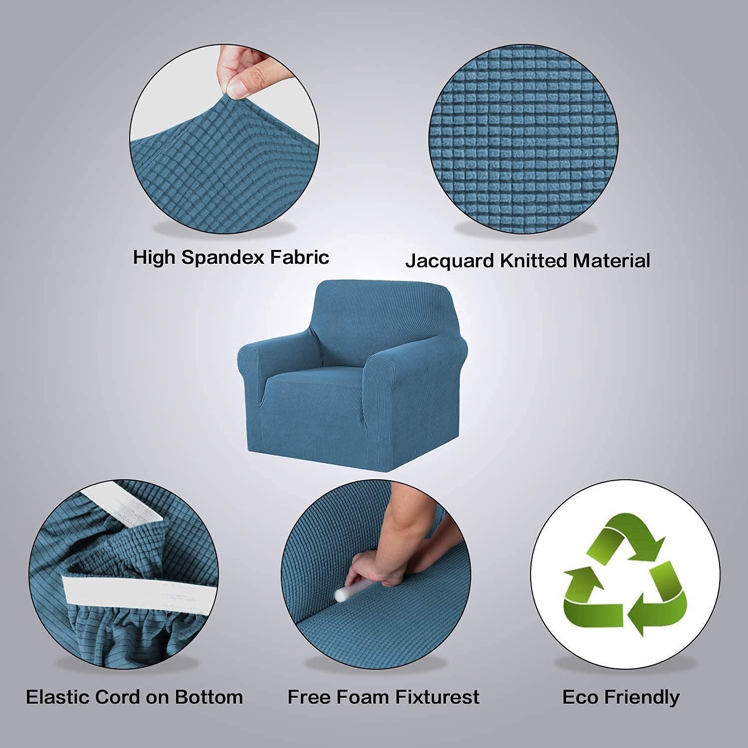 H.VERSAILTEX 1 Piece Sofa Cover for Armchair 32"-48" Bundle Round Ottoman Slipcover(Medium, Dusty Blue)