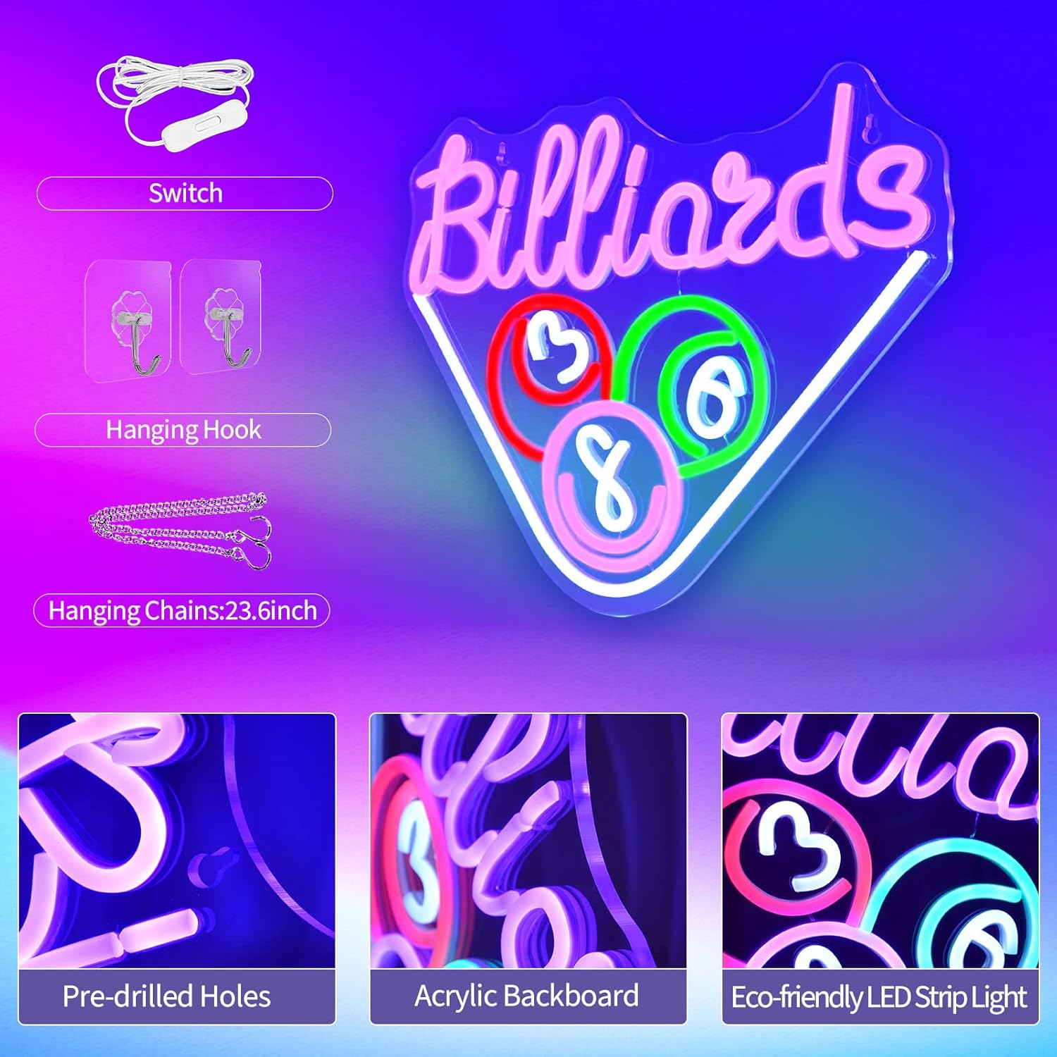 Billiards Neon Signs for Wall Decor Purple LED Light Sign for Preppy Room Decor Light Up Sign for Game Room Birthday Party Decoration USB Powered - Image 5