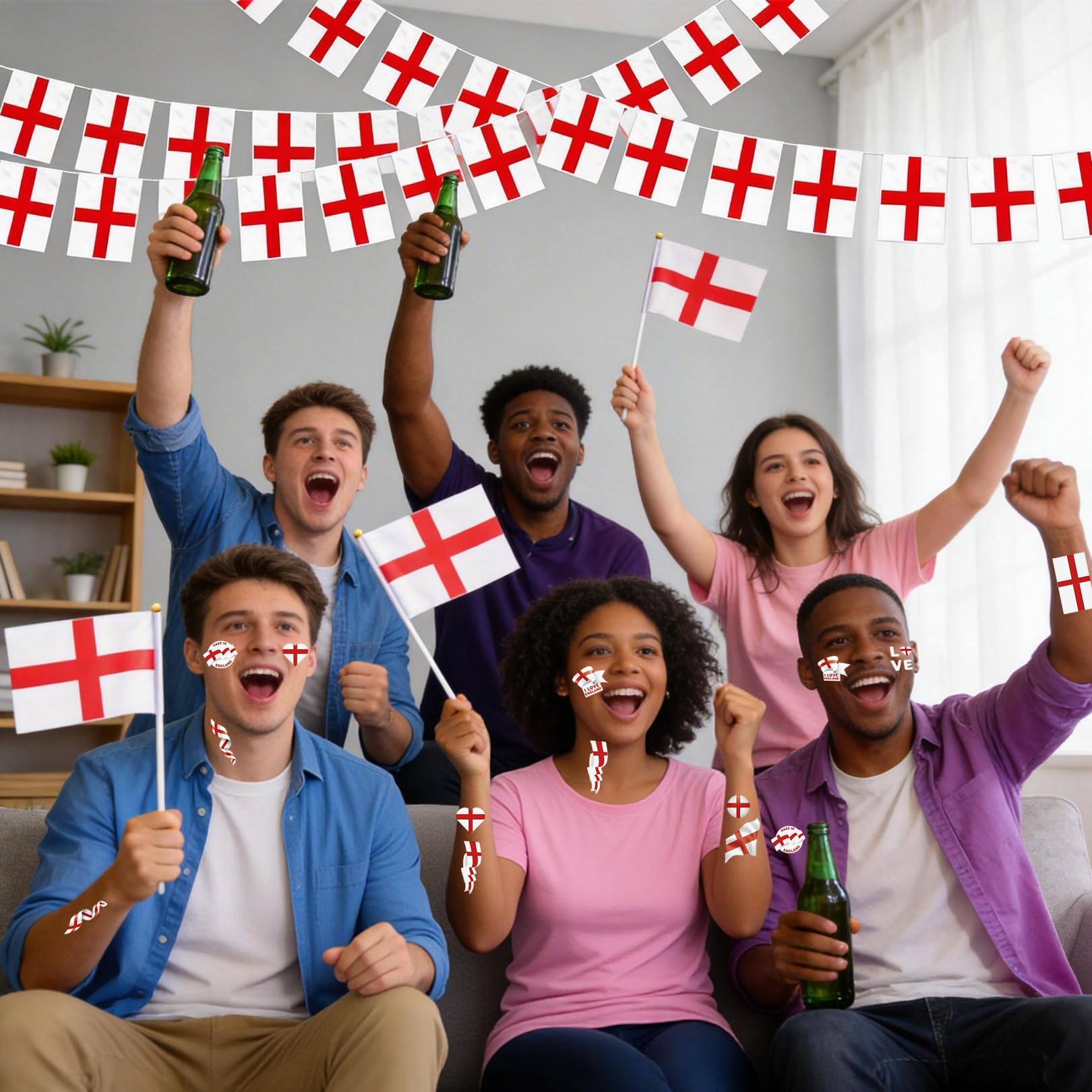 St George Bunting Flags 10m 20pcs Large Square Flags 22x30cm with 6 Hand Waving England Flag and 2 Tattoos St Georges Day Decorations England Flag Bunting for Football Rugby World Cup Outdoor Party - 4