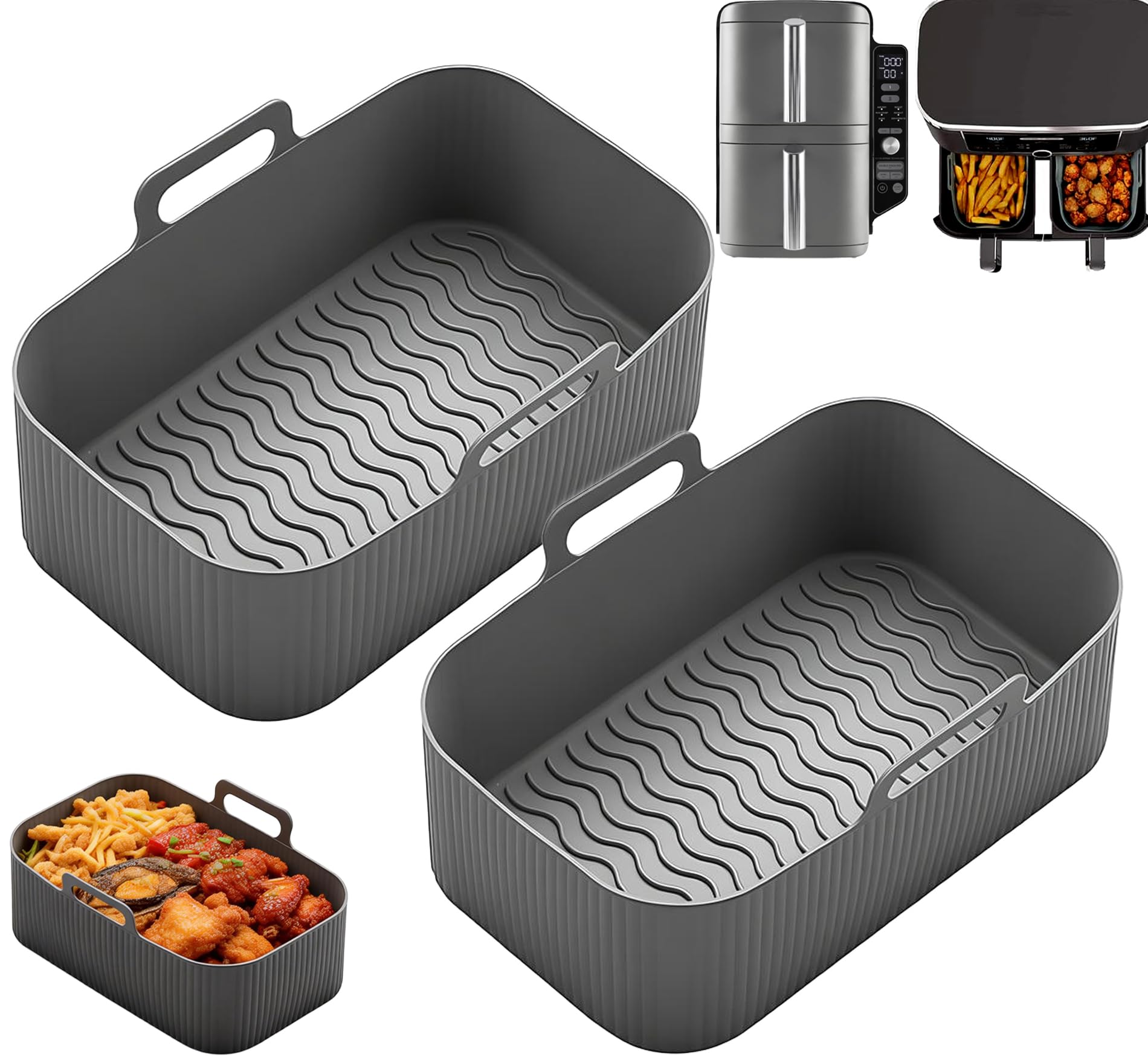 2-Pack Air Fryer Liners Silicone for Ninja Dual air Fryer Liners 7.6L, Oil Draining Design | Easy-Clean | Non-Stick Airfryer Accessories, Reusable Air Fryer Trays for Ninja Foodi AF300UK / AF200UK