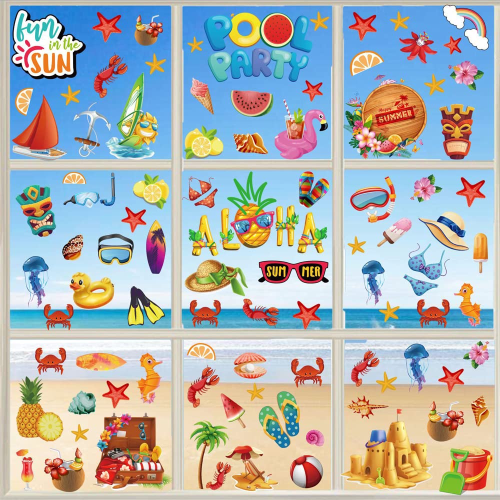 9 Sheets Window Clings for Summer Glass Windows, Beach Pool Party Window Decals Supplies, Ice Cream Flower Starfish Window Stickers for Window Wall Art Decorations