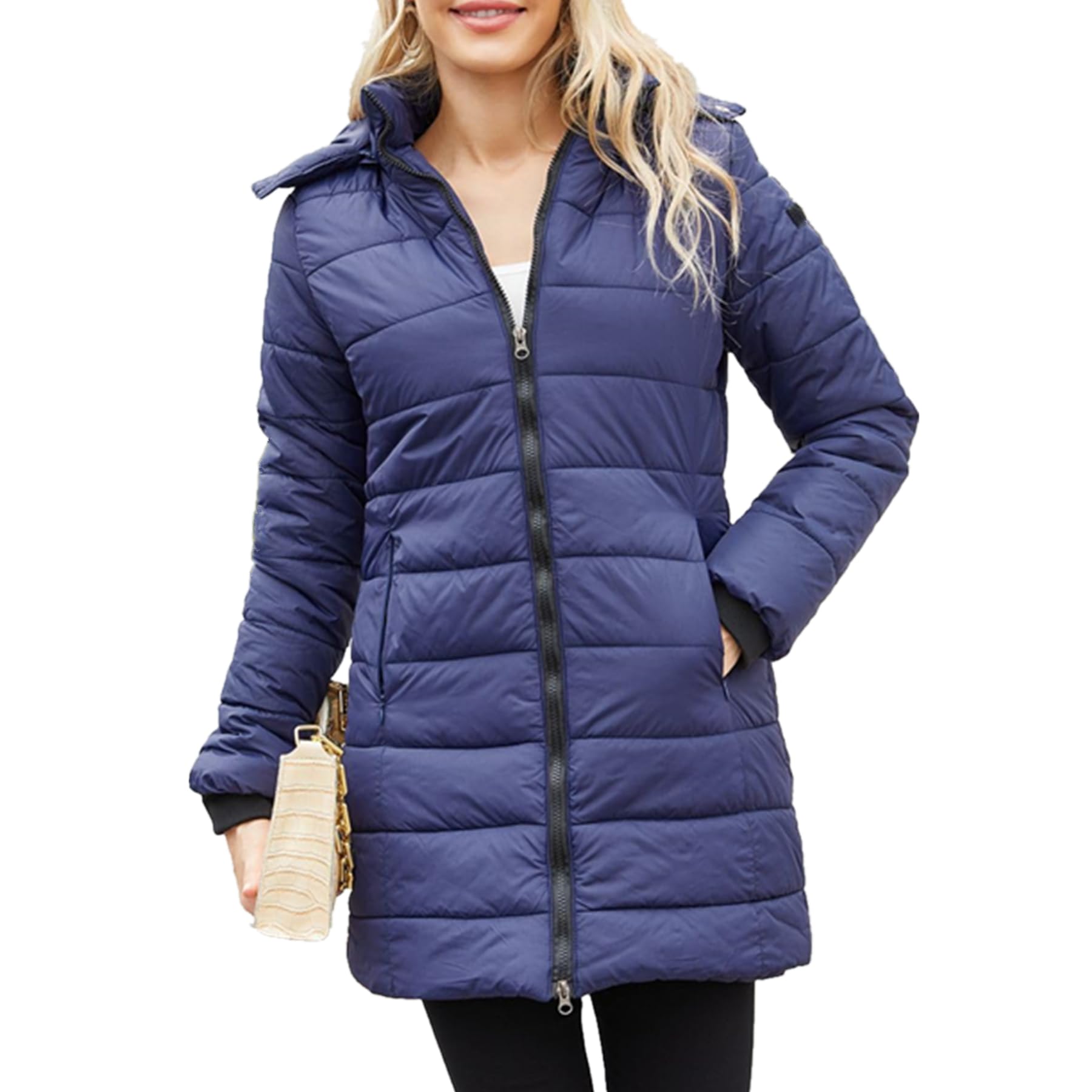Daunenmantel Damen Mit Kapuze Winterjacke Damen Warm Gefüttert Steppjacke Damen Outdoor Wintermantel Damen Lang Daunenjacke Frauen Zipper Mantel Damen Winter Puffer Skijacke Dicke Steppmantel