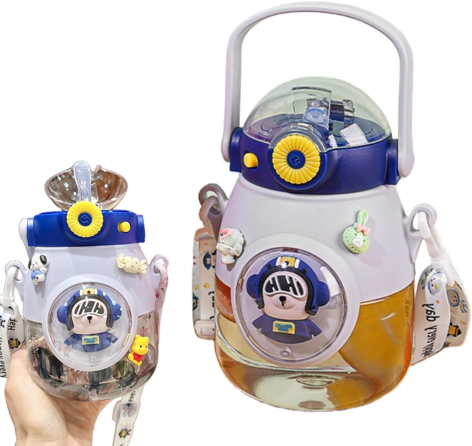 SPPCCO | Kettle Handle Bear Water Bottle with Straw & Strap for Kids | 900 ML | Leak proof Cartoon Plastic Drinking Bottle | WB66