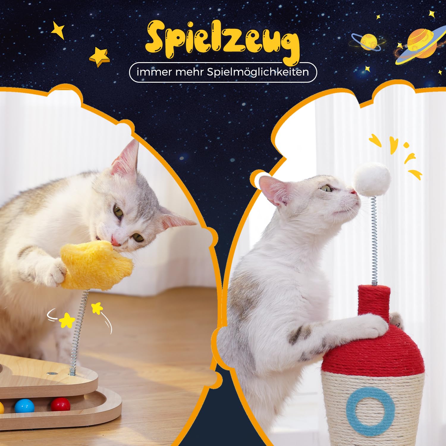 PETEPELA Rocket Design drapak dla kotów domowych, 61 cm, drapak dla kota z interaktywną zabawką dla kota, niebieski i biały