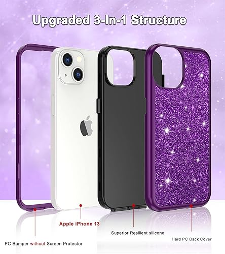 Miniatura 2 de CASEFIV Funda de mármol para iPhone 13, 3 en 1, resistente a los golpes, policarbonato duro y silicona, 6.1 pulgadas, purpurina púrpura oscuro