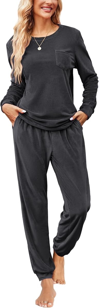 Ekouaer Womens Pajamas Sets Long Sleeve Soft Sleepwear 2 Piece Velvet Pjs Lounge Sets with Pockets