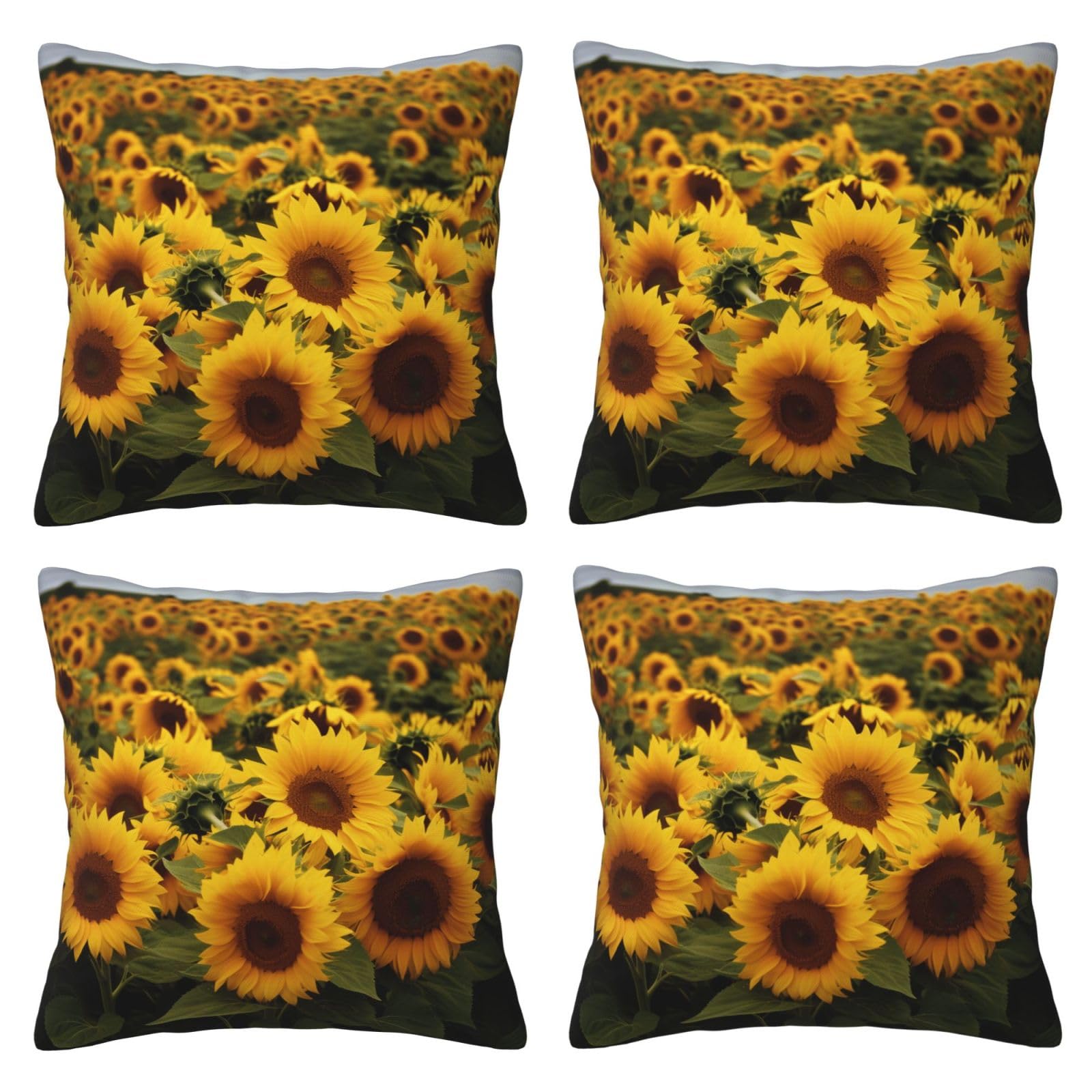 Yellow Sunflower Field Throw Pillow Cases 4 Pack Square Pillowcases Super Soft Pillow Protectors With Zipper for Couch Livingroom Sofa Bed Office Car,45x45 CM