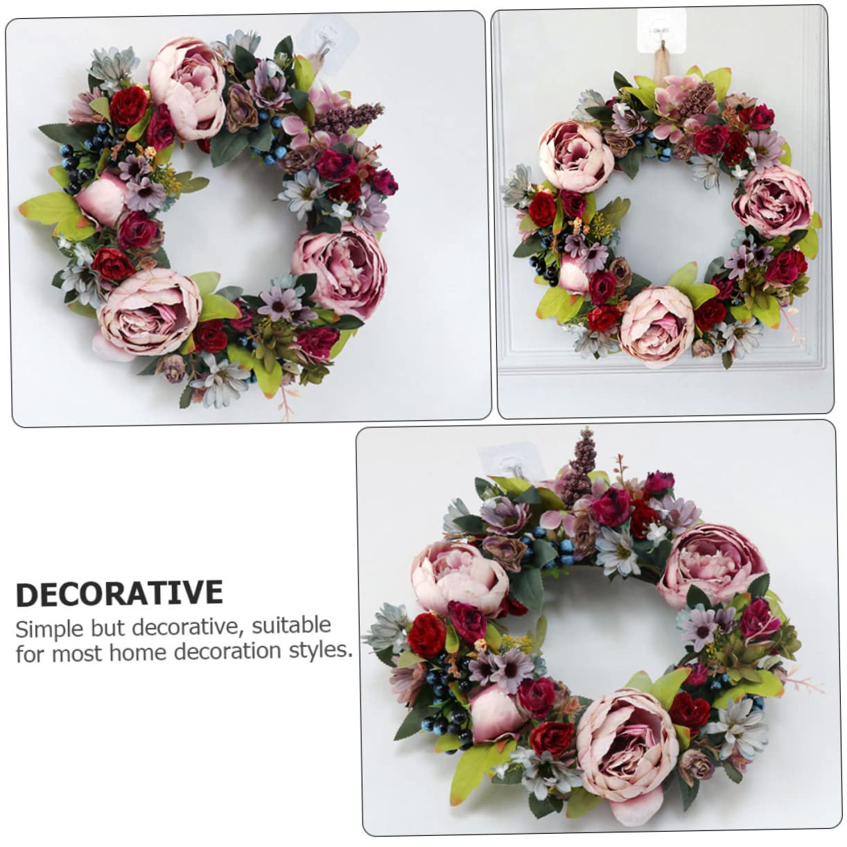 Corona di Peonie Artificiale Decorativa in Legno e Plastica per Casa