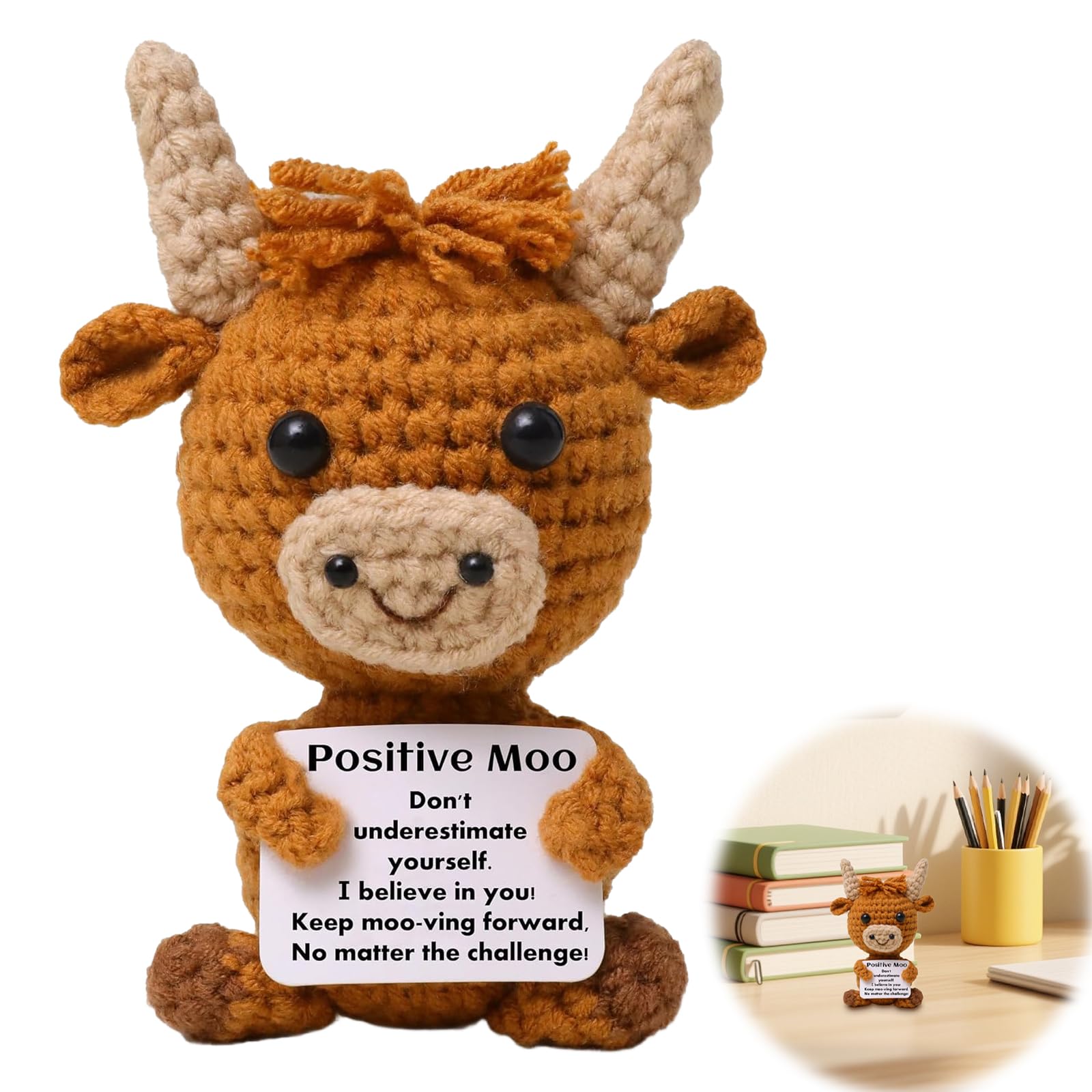 FeiatPogra Positive Crochet Highland Cow with Affirmation Card - Scottish Highland Cow Plush for Emotional Support, Good Luck Pocket Hug Gift for Women Men, Friends, Birthday, Christmas, Desk Decor
