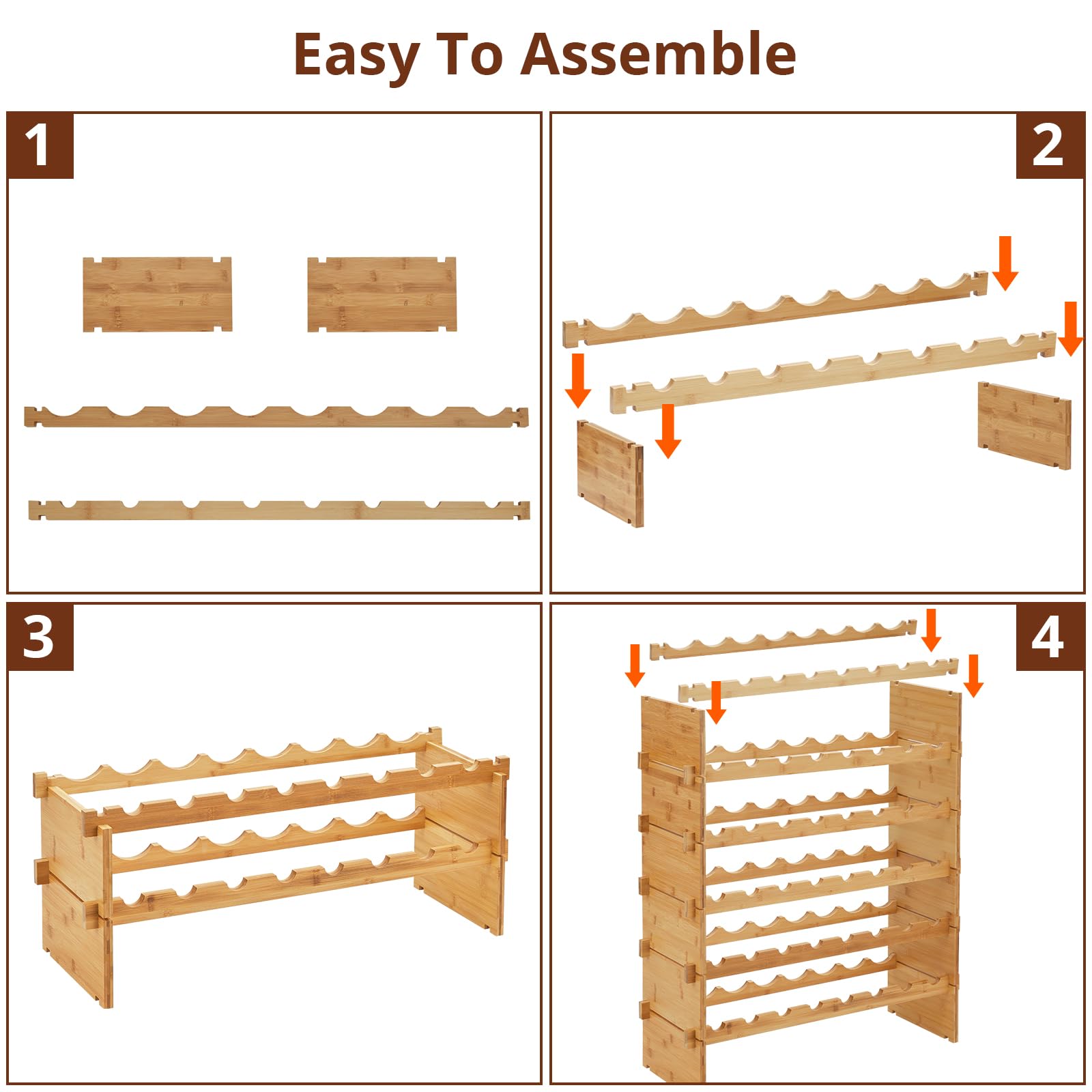 Estante modular apilable de bambú para vino – 6 niveles, capacidad 48 botellas, diseño estable para suelo o encimera, organizador de madera para bar y gabinete, 76x26x76 cm, capacidad: 48 botellas