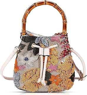 Crossbody Bags for Women, Beach Bag, Hand Embroidered Tot Bag, Bamboo carry handle Bucket bag, Bohemian Handbags Suitable for Vacation Travel Daily Matching
