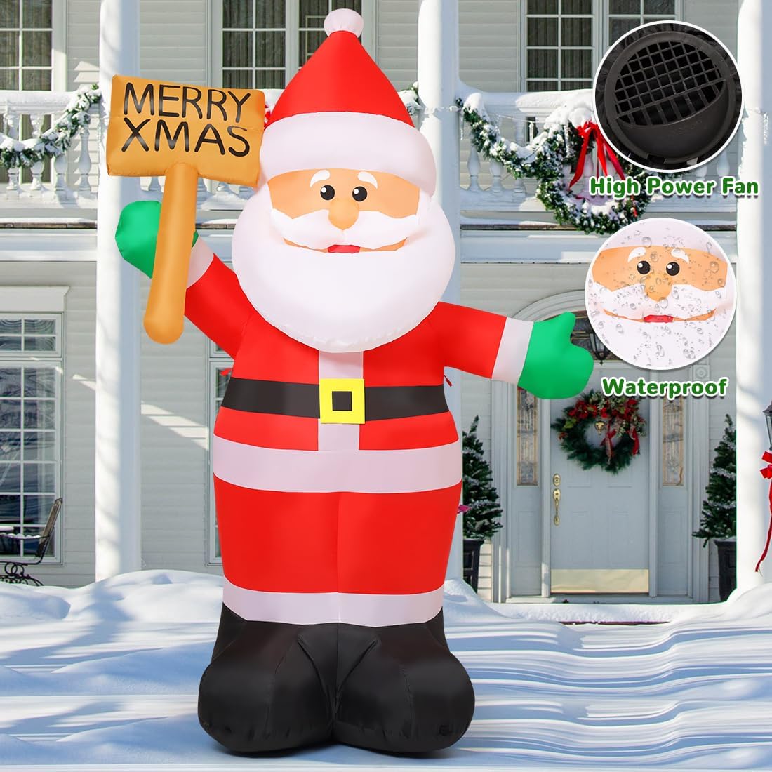 GOOSH 8 FT Christmas Inflatables Santa Claus Outdoor Decorations Blow Up Yard Santa Claus Holding Merry Xmas Sign with Built-in LEDs for Holiday Party Xmas Yard Garden Lawn Decor - Image 5
