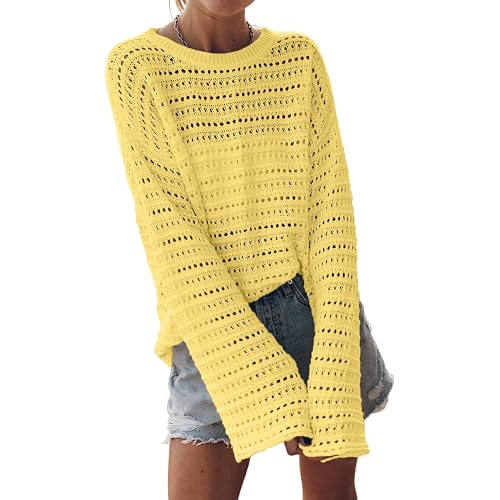 Sidefeel Womens Summer Sweaters 2026 Lightweight Casual Long Sleeve Crochet Tops Hollow Out Knit Pullover Clothing