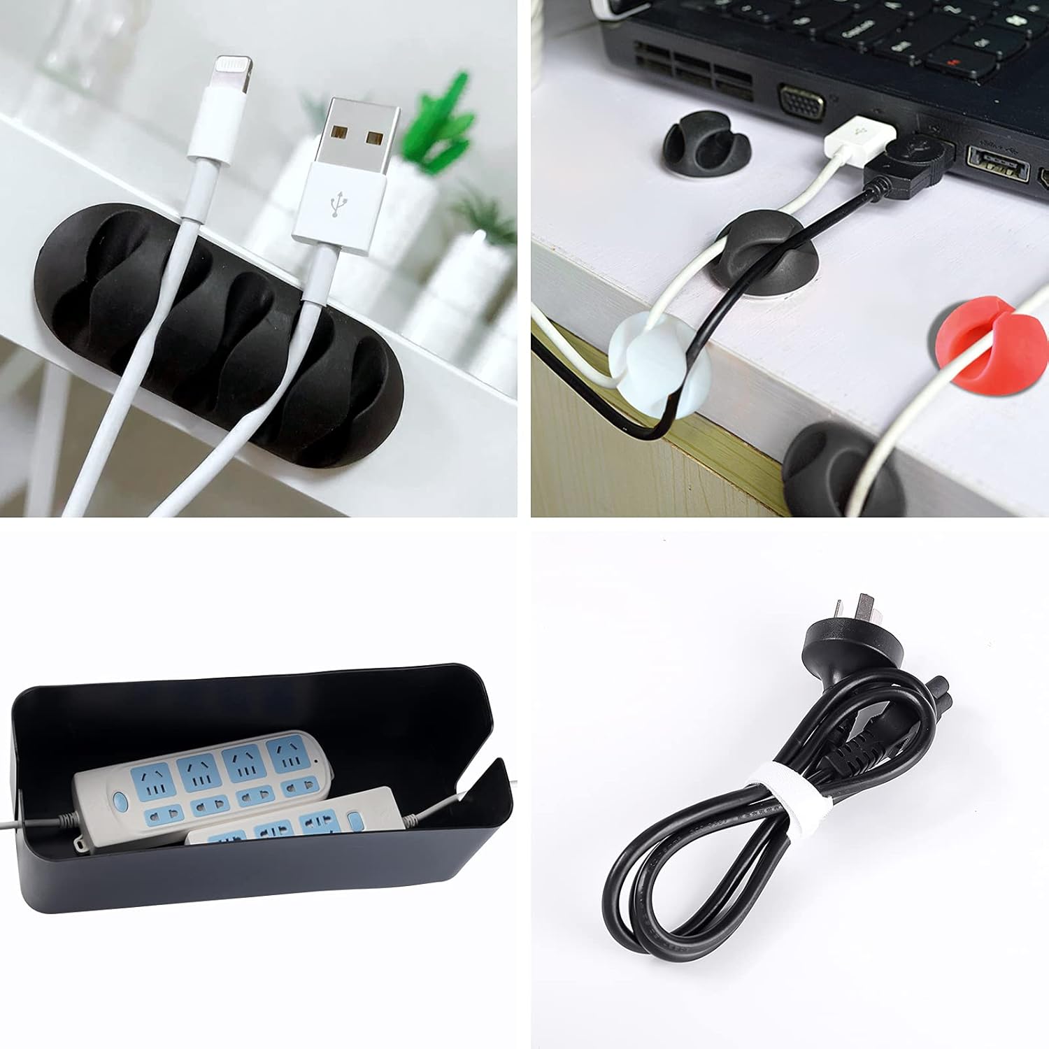 3 Pack Cable Management Box, Cable Organizer Box Floor Cord Cover Hider with 10 Cable Ties & 10 Stick-on Cable Clips for Desk, TV Wires, Computer, Router Power Strip, USB Hub (Black)