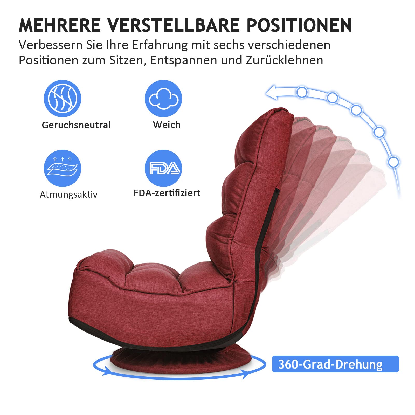 GOPLUS 360° drehbarer Bodenstuhl, klappbarer Bodensessel mit Verstellbarer Rückenlehne, Gamingsessel, Bodensofa, Meditationsstuhl, bis 120kg belastbar, für Zuhause & Büro (Rot)